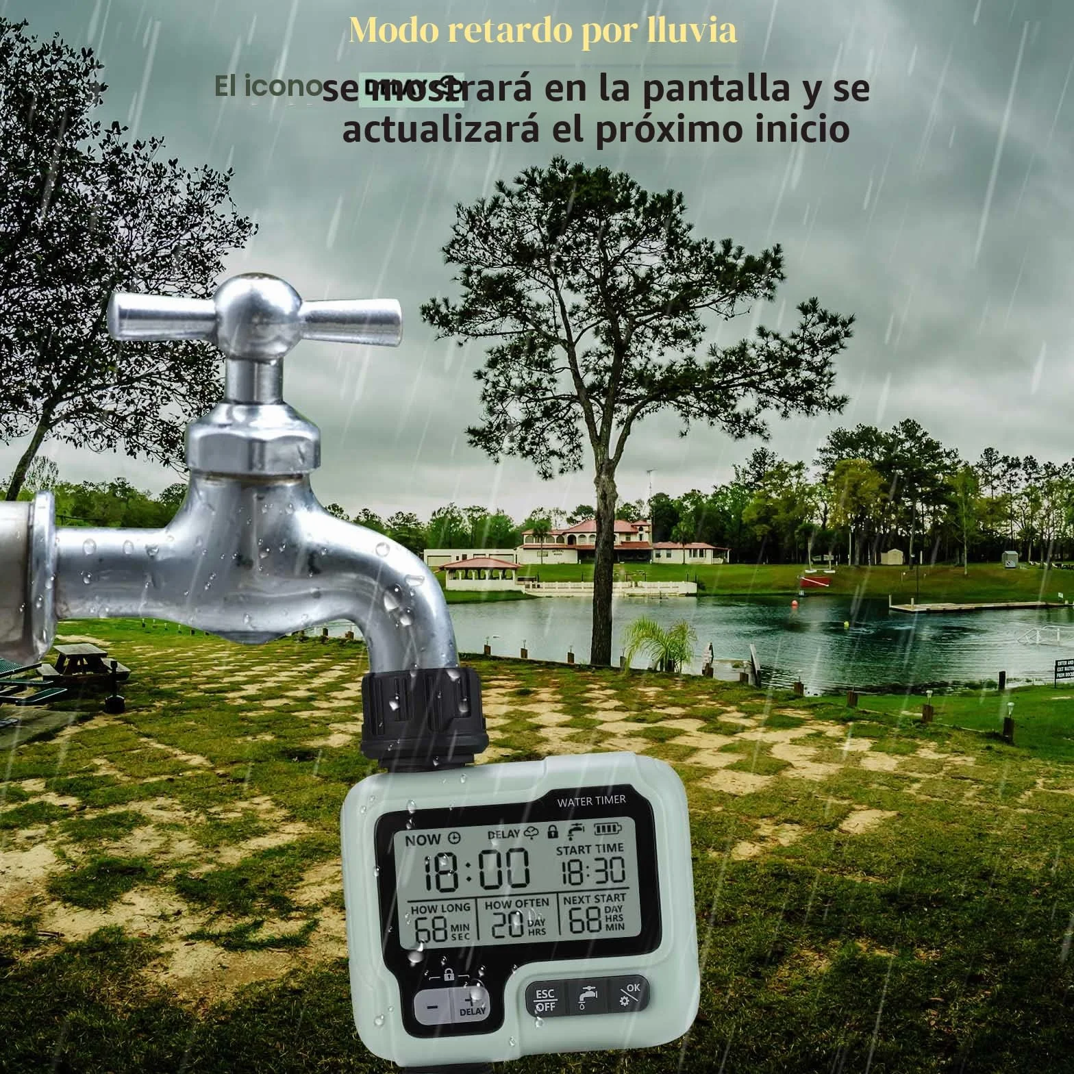 johgee Programador de riego Sistema de riego Programador riego de Control para césped de jardín, riego automático, retraso de Lluvia, Control Manual y Bloqueo para niños