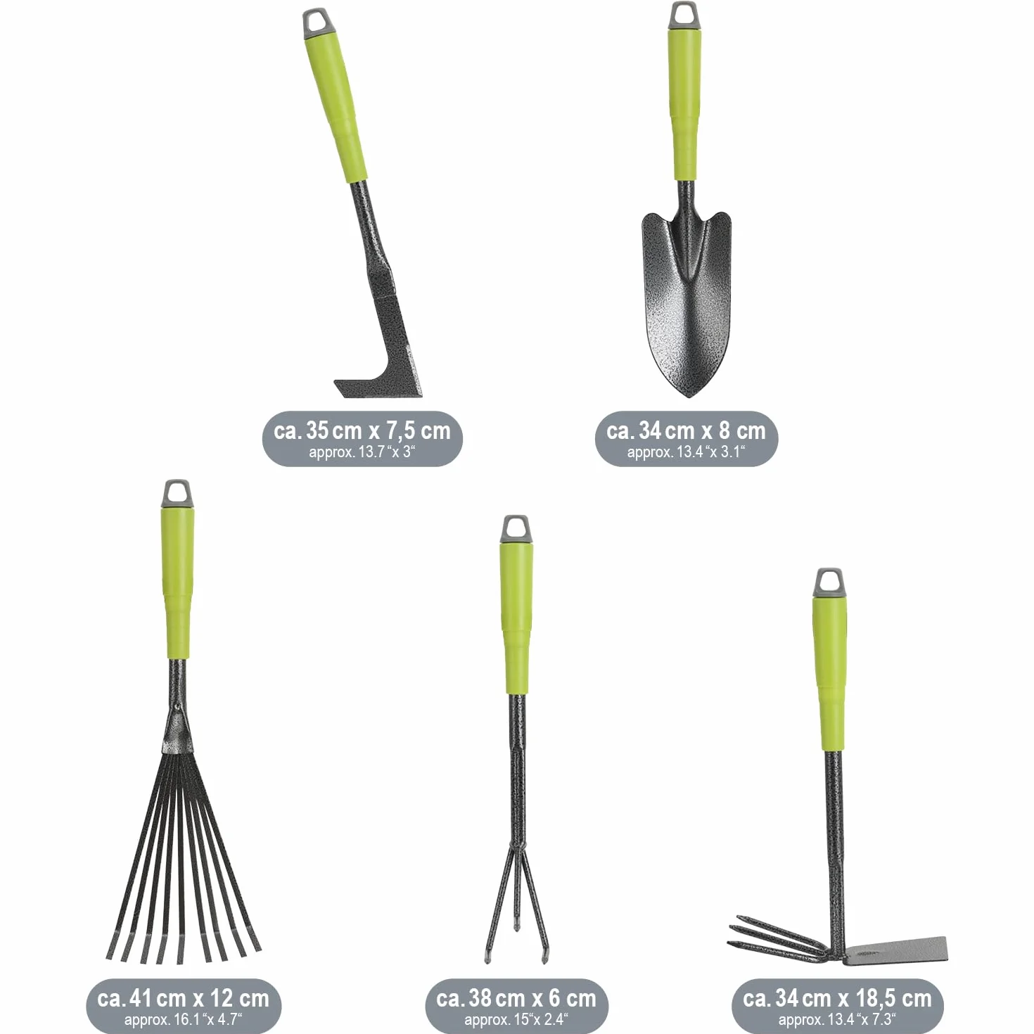 COM-FOUR® Juego de Herramientas de jardín de 5 Piezas - Juego de jardín con Azada Doble, cultivador pequeño, raspador para Juntas, rastrillo de Mano, Paleta de Flores