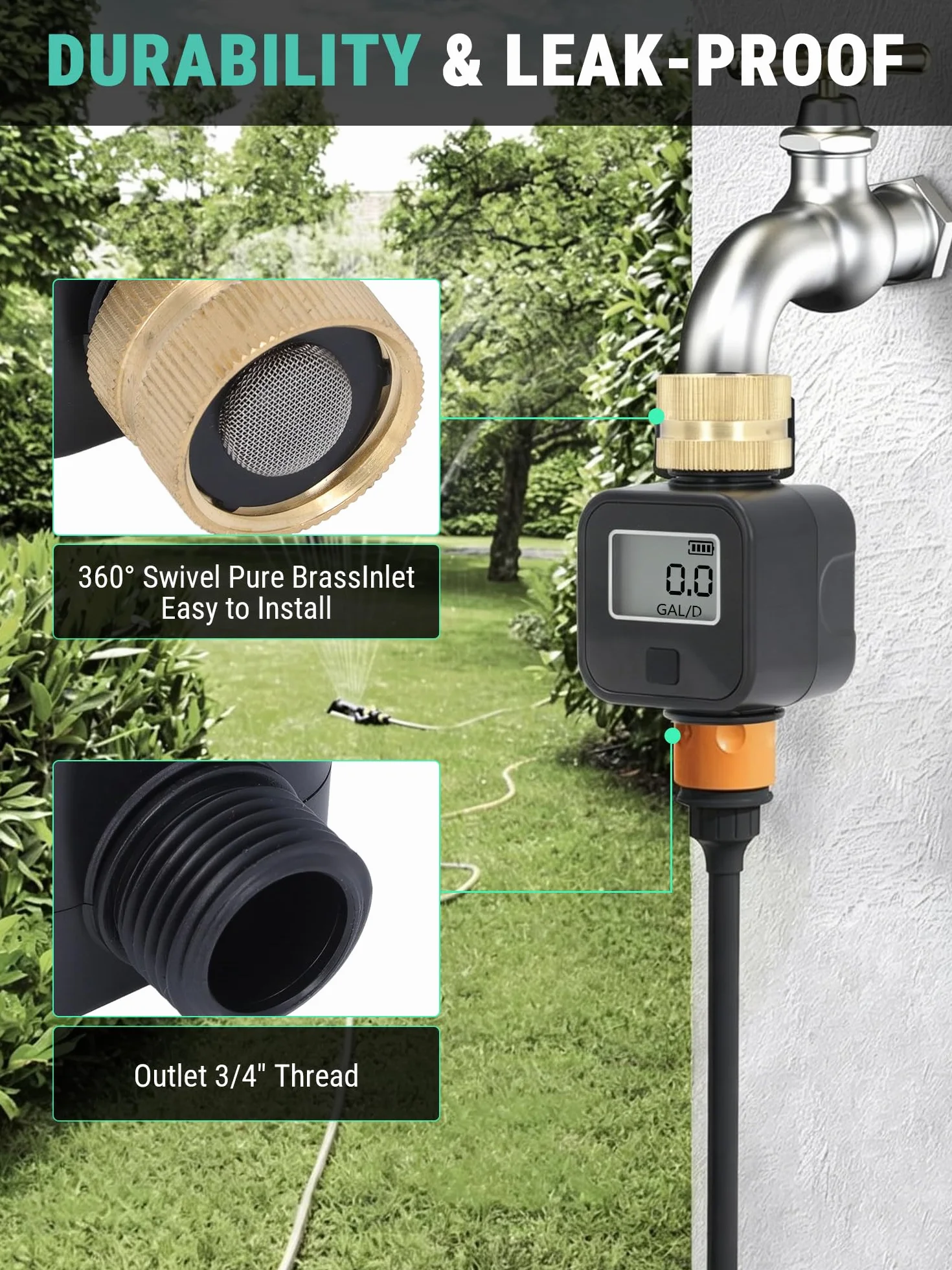 VOBOR Medidor de Flujo de Agua Digital con 4 Modos de Control de Consumo, Pantalla Giratoria 180° y Rosca de Latón, para Mangueras de Jardín, Caravanas, Aspersores y Boquillas de Riego