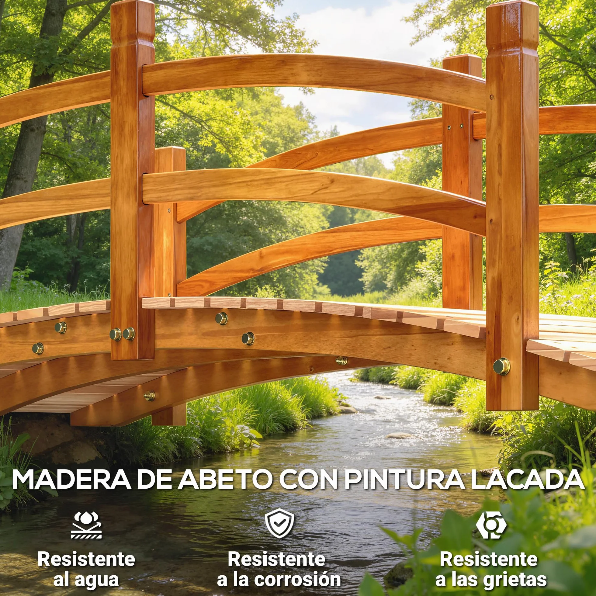 Outsunny Puente de Arco de Madera 185x72x58 cm con Pasamanos Puente de Jardín para Decoración Patio Carga 200 kg Natural