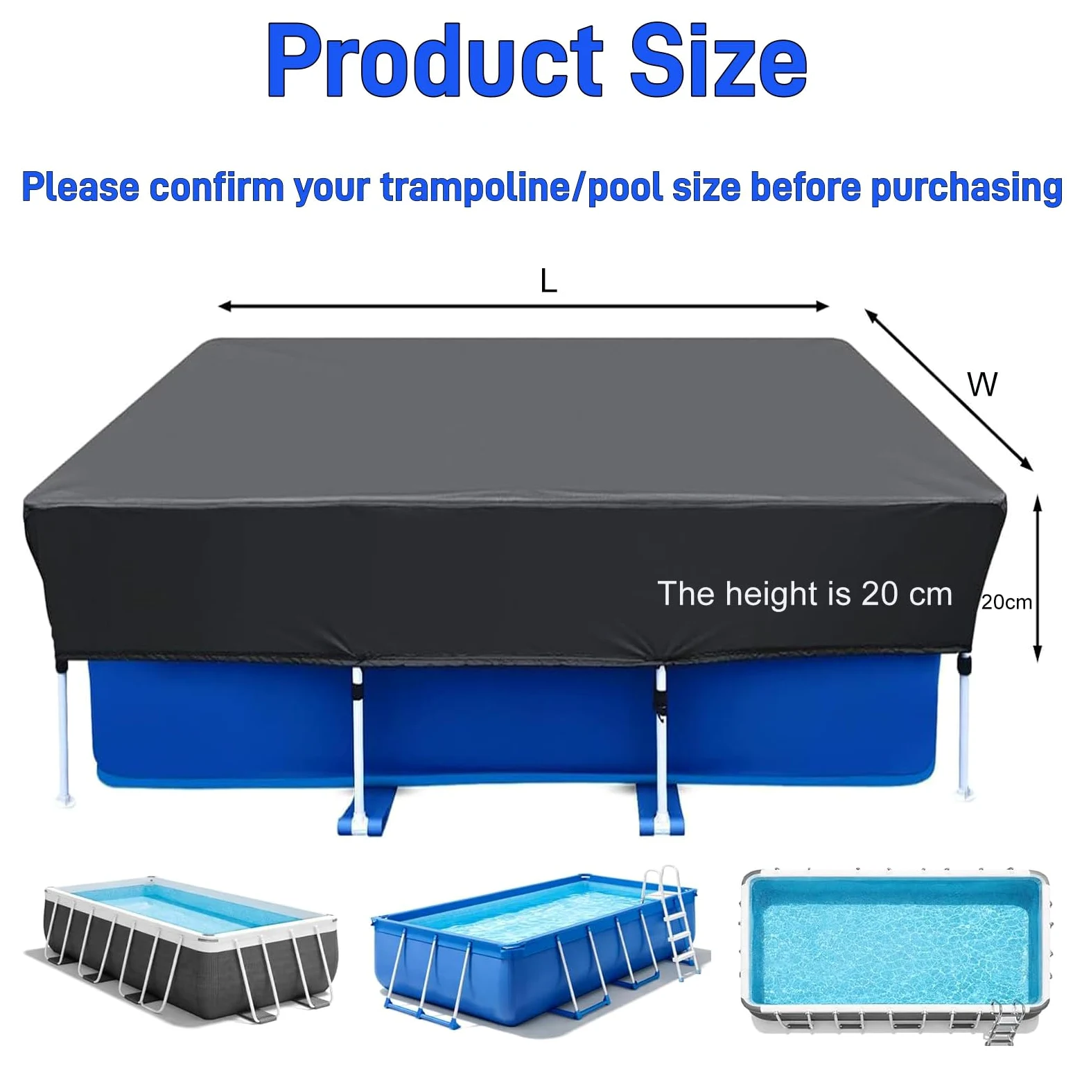 Cobertor de Invierno Rectangular 190 x 340 cm Resistente Anti-UV Cubierta Piscina Incluye Cordón de Agarre para Piscinas Rectangulares, Negro