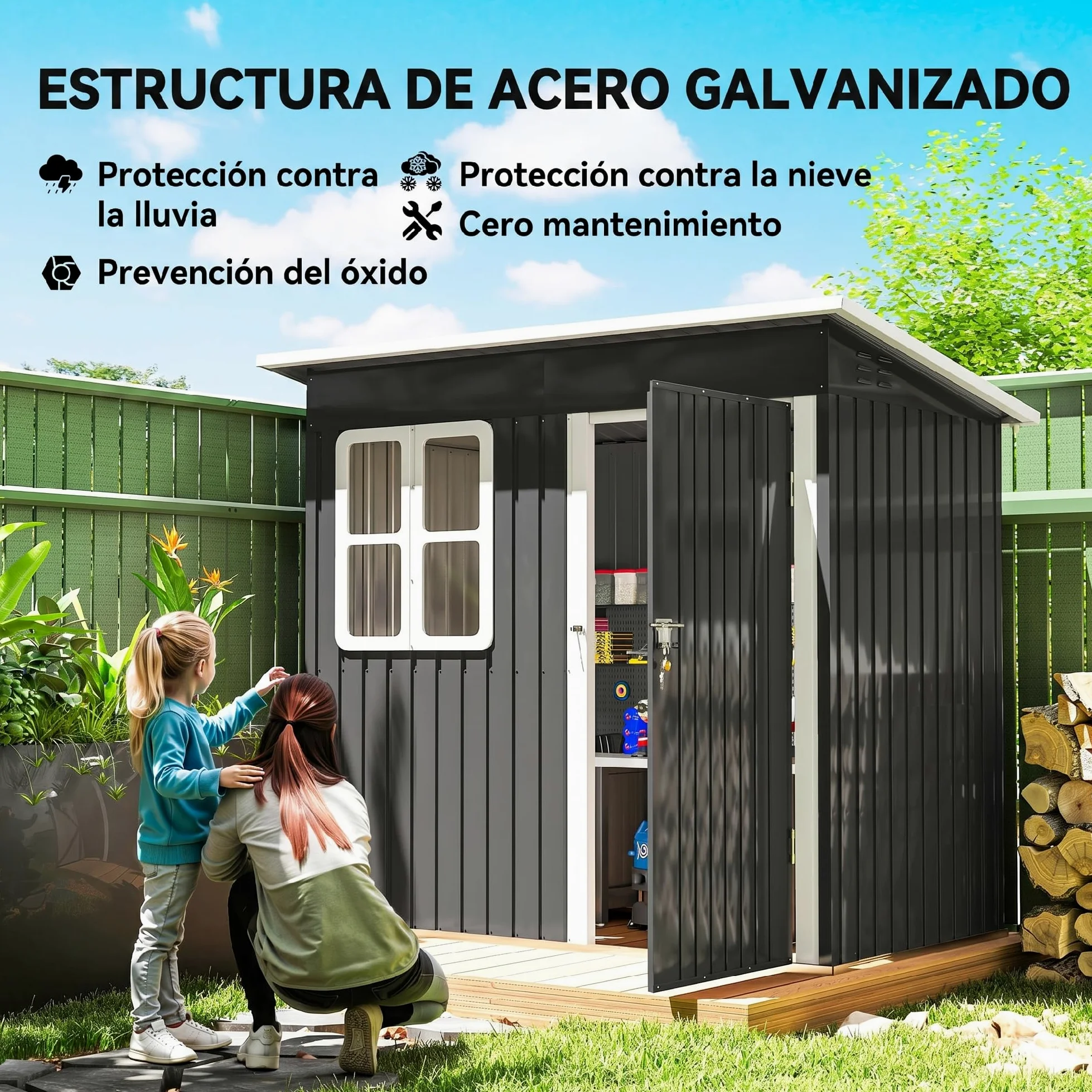 Outsunny Caseta de Jardín Exterior 2,55 m² 221x133x190 cm Gris Oscuro | Cobertizo de Jardín Metálico, Ventana, Puerta con Cerradura y Ventilaciones, para Almacenamiento de Herramientas