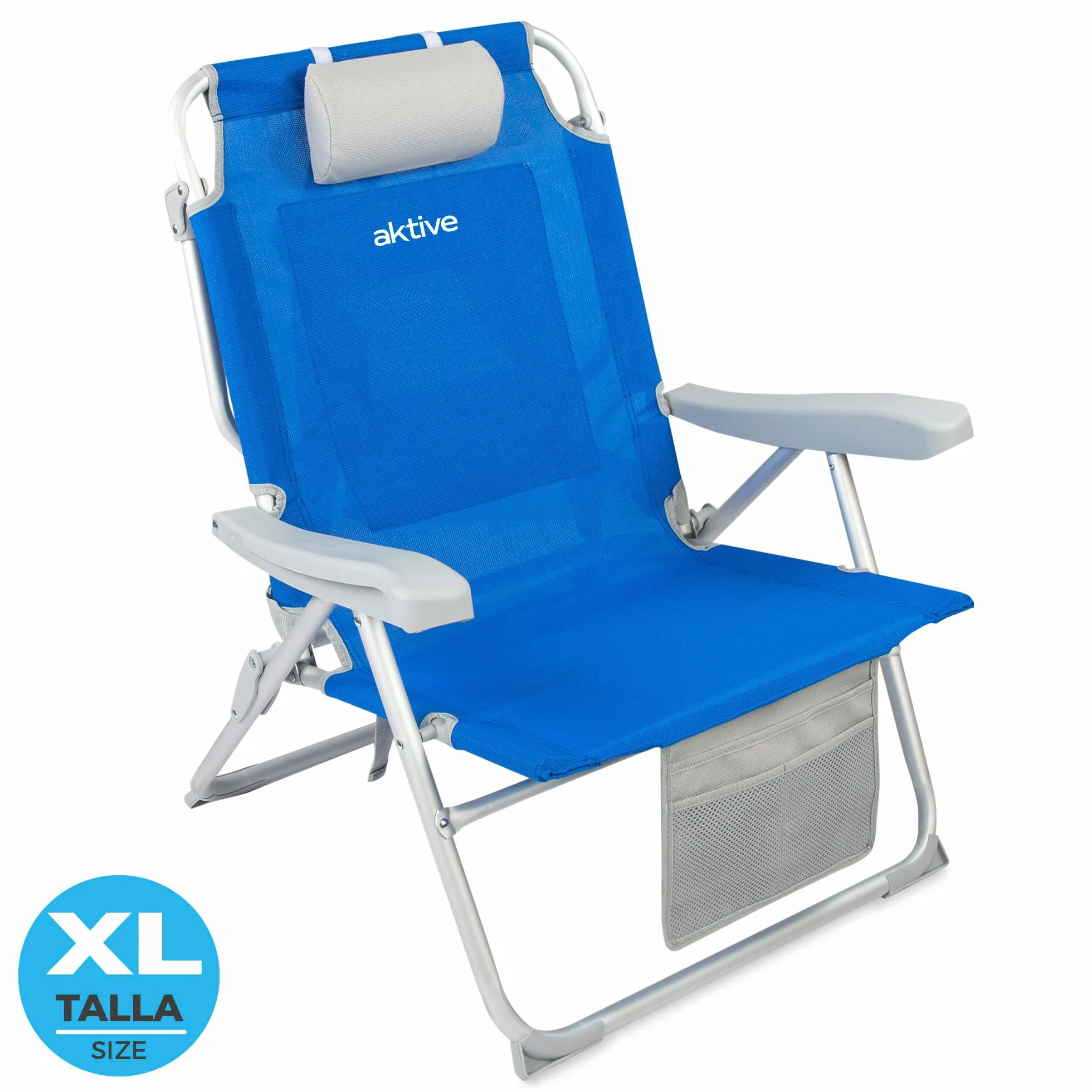 Aktive 62633 - Silla playa plegable y reclinable 5 posiciones, Silla portátil plegable 55x67,5x86cm, Incluye cojín, 1 bolsillo, 1 bolsa con cremallera y topes antivuelco, Sillas de playa