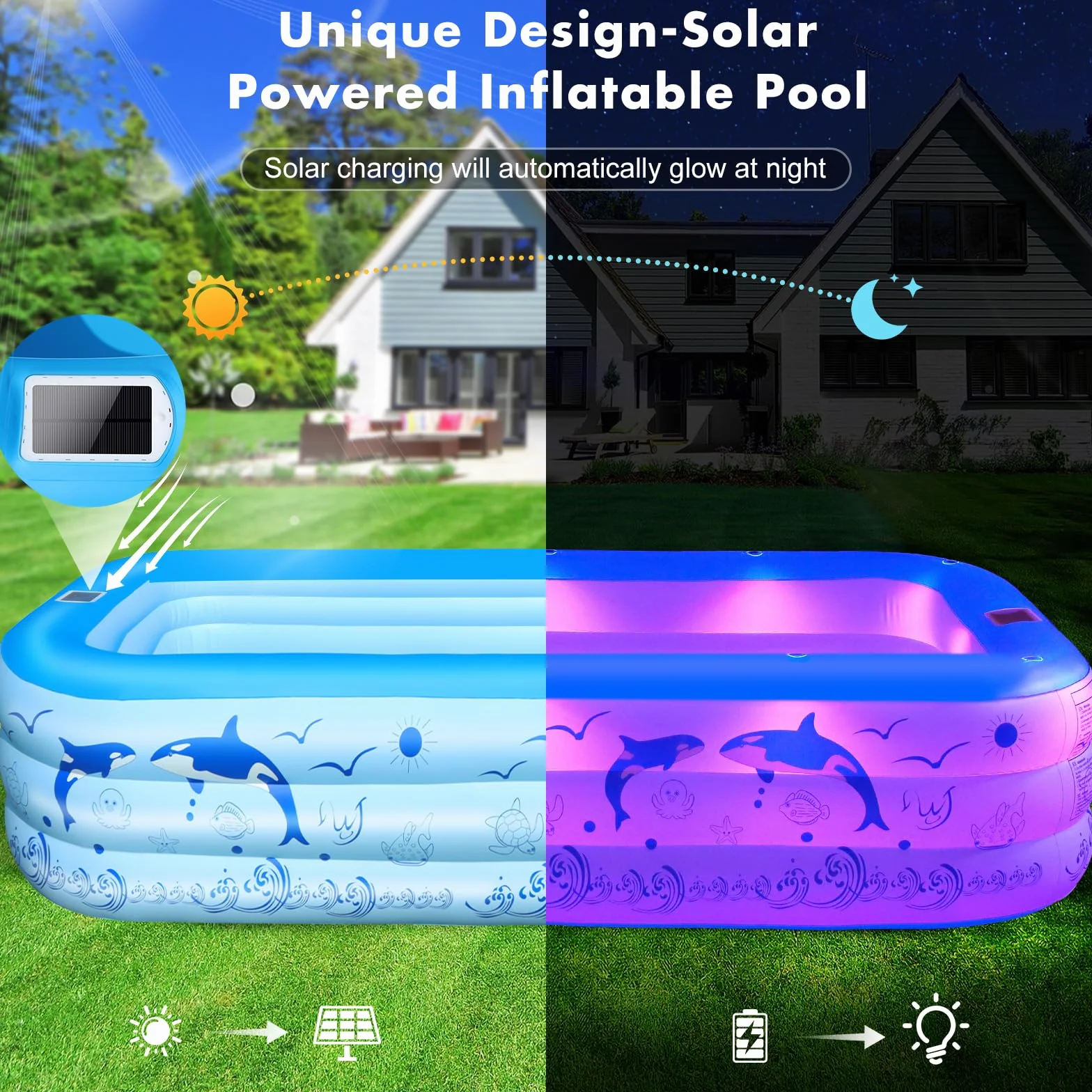 LanOcean Piscina Hinchable Adultos con Luces, Solar Grandes Piscinas Hinchables Rectangular con 12 Modo de Iluminación, 240x150x55CM Piscina Hinchable Infantil, Piscinas Hinchables para Jardin Terraza
