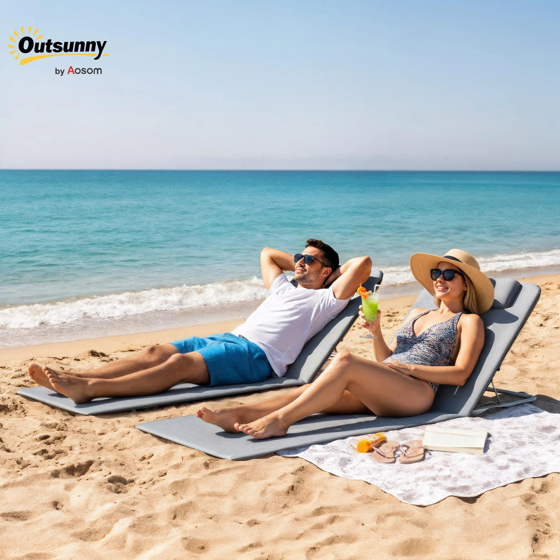 Outsunny Conjunto de 2 Esterillas de Playa Plegable Esterillas con Respaldo Reclinable en 5 Niveles Reposacabezas y Bolsa de Transporte 134x48x33-43 cm Gris