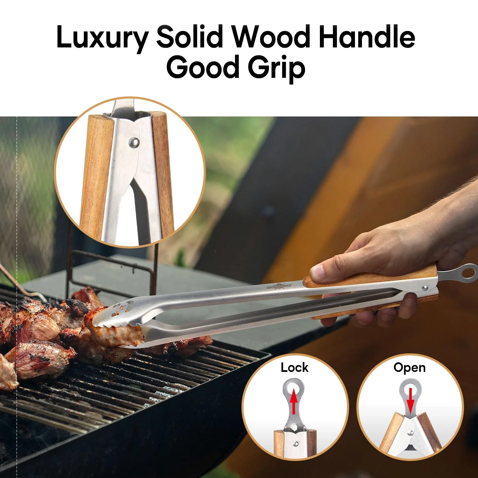 XUDAKAIXIN Pinzas de barbacoa de acero inoxidable extralargas de 53.3 cm con mango ergonómico de madera de acacia, herramienta de parrilla duradera y fácil de limpiar para cocinar, uso en la cocina y