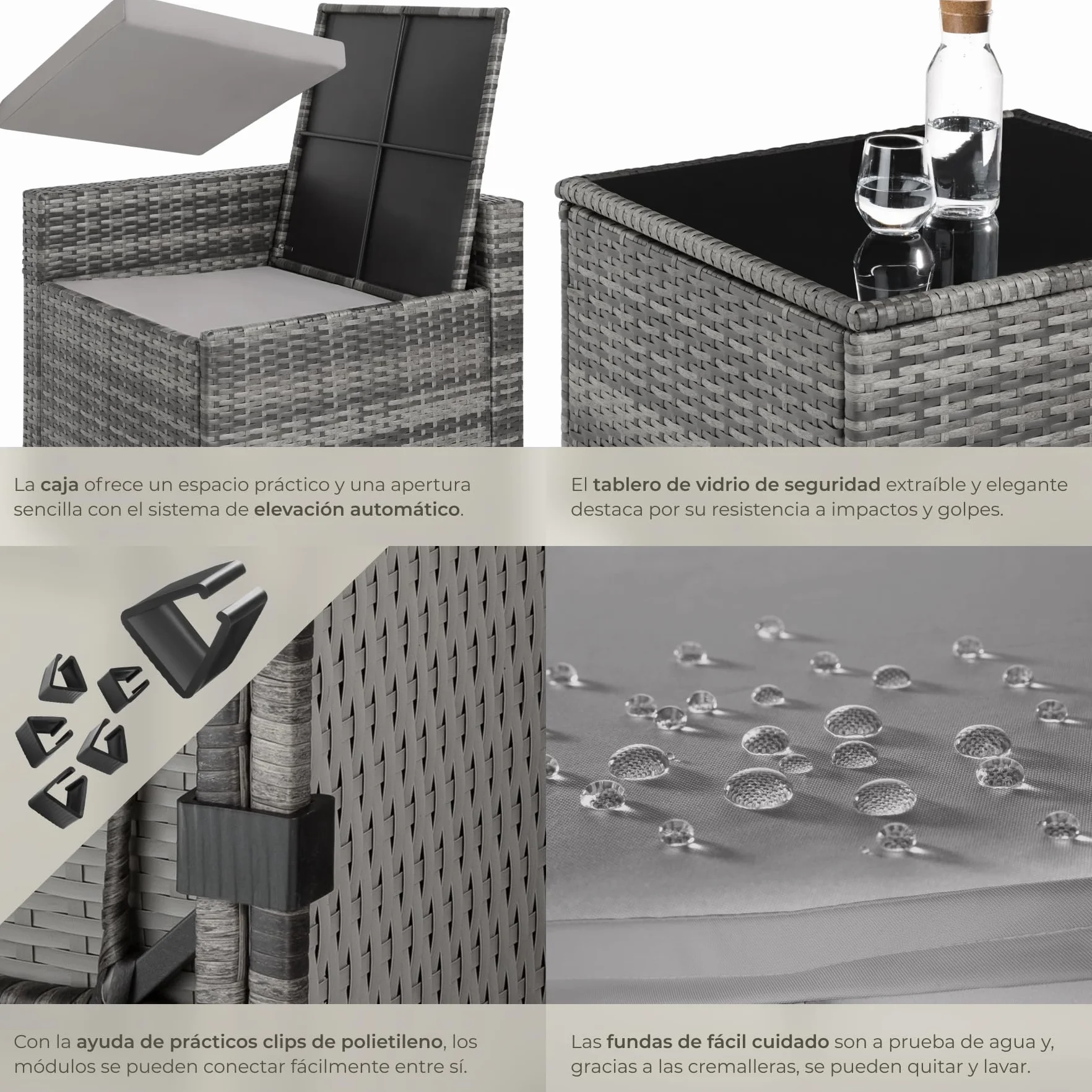tectake® Conjunto Jardín de Ratán, Muebles Jardín Exterior 6 Sillones, 1 Mesa con Cristal, 1 Baúl Almacenamiento, Conjunto Terraza Resistente a la Intemperie, con Cojines, Estructura en Acero - Gris