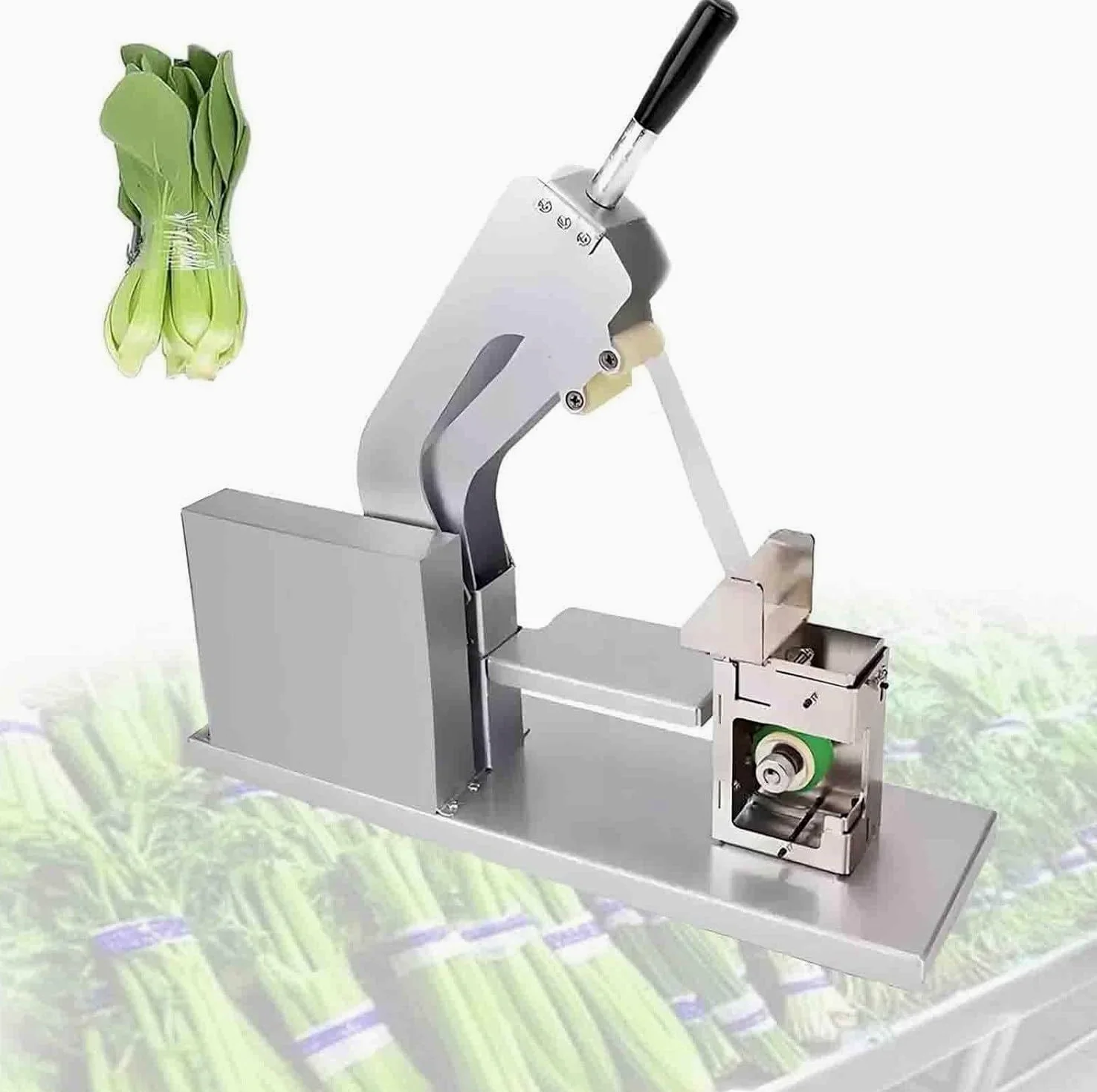 Máquina de atado de verduras y frutas con múltiples agujeros de posicionamiento y función de elevación para un fácil embalaje