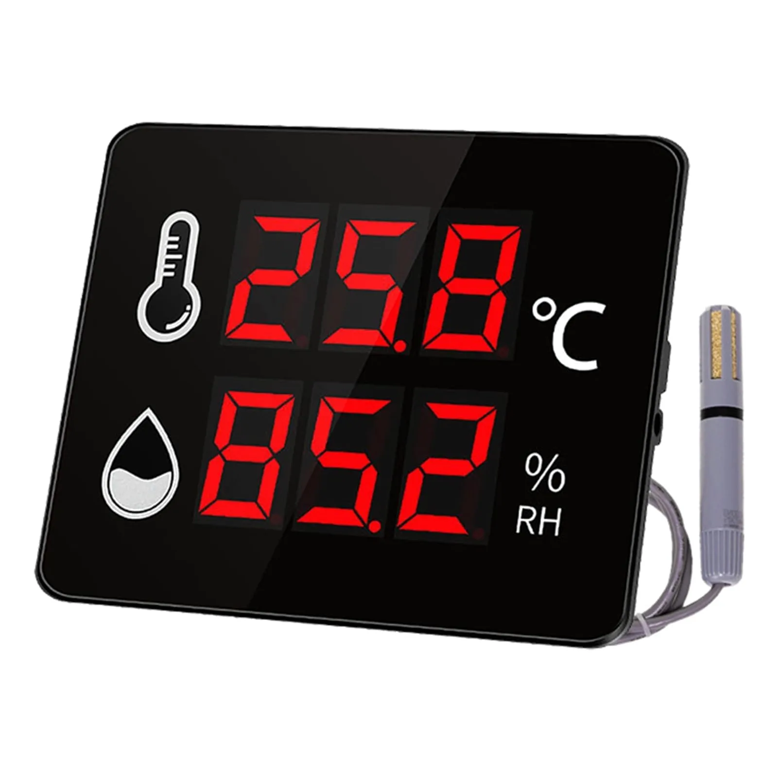 Termohigrómetro industrial y de laboratorio de alta precisión. Rango de temperatura: -40-100 °C, 0-99% HR. Incluye cabezal sensor de 3 m y límites superior e inferior configurables.
