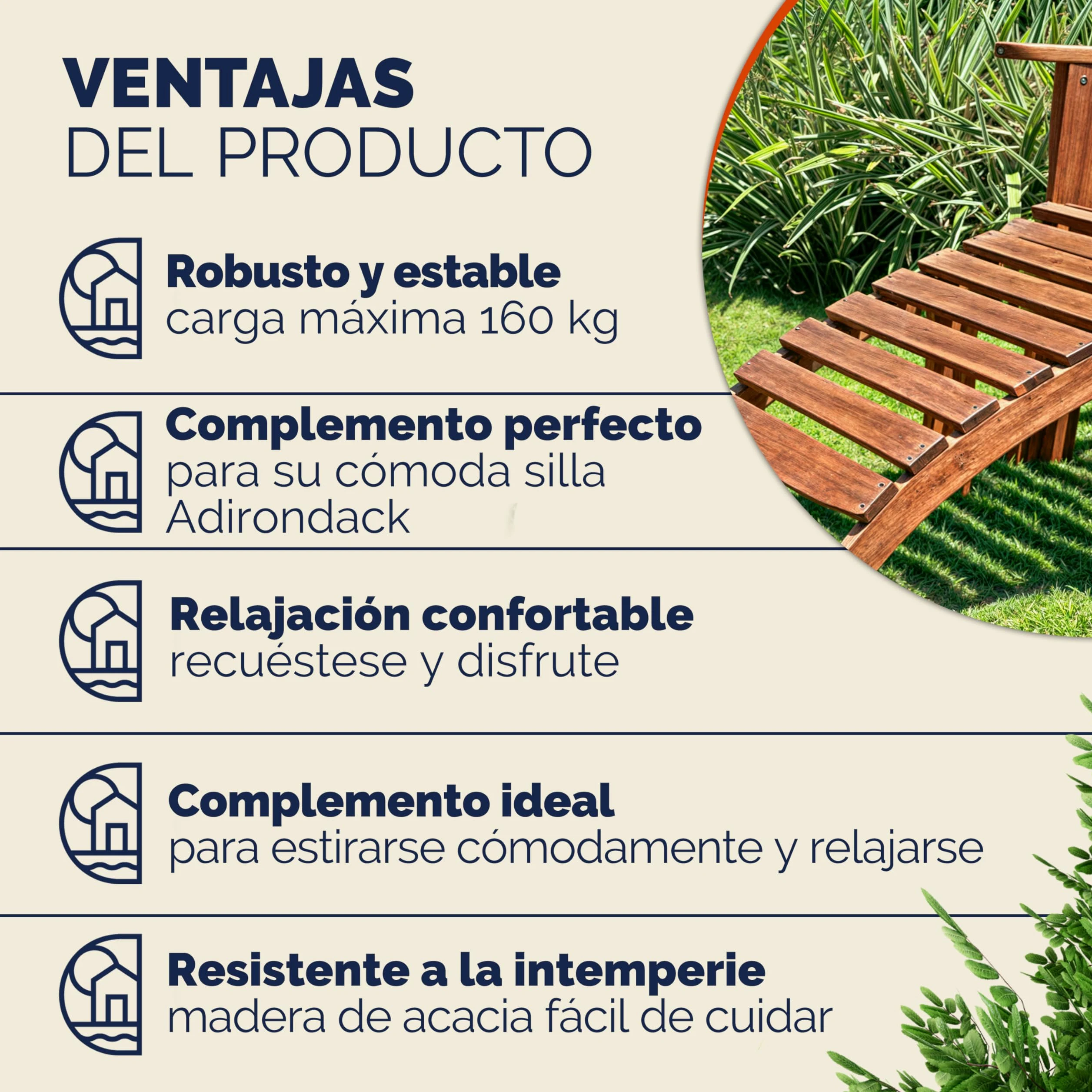 CASARIA Reposapiés para Silla de Madera de Acacia Adirondack 7 Travesaños 48x46x32cm Resistente Intemperie