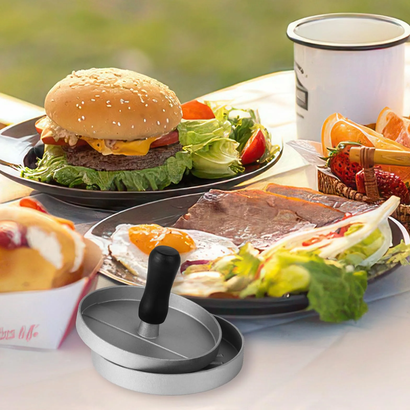 Hamburguesera con 100 hojas de papel para hornear, juego de prensa de hamburguesas de aluminio fundido para deliciosas hamburguesas, hamburguesas, barbacoas, prensa de hamburguesas con recubrimiento a