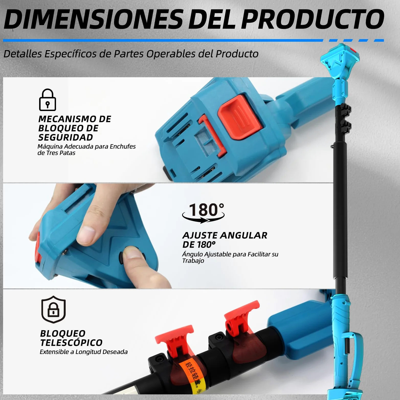 Pértiga telescópica ANEELV para tijeras de podar y sierras eléctricas – Extensible 1,2-2,5 m, cabezal 90°, altura 4,6 m – Compatible con Makita 18V