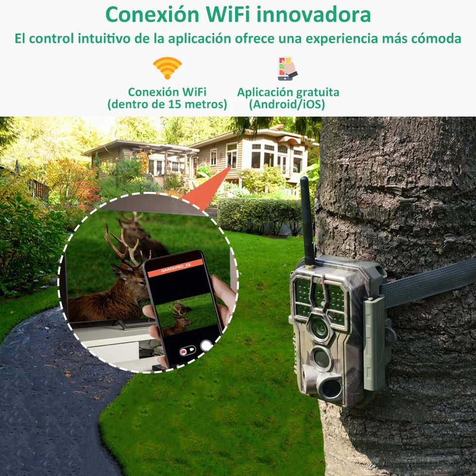 GardePro E8 Cámara Fototrampeo WiFi Bluetooth 64MP 1296P H.264 IP66 0,1s LED IR 940nm No-Glow