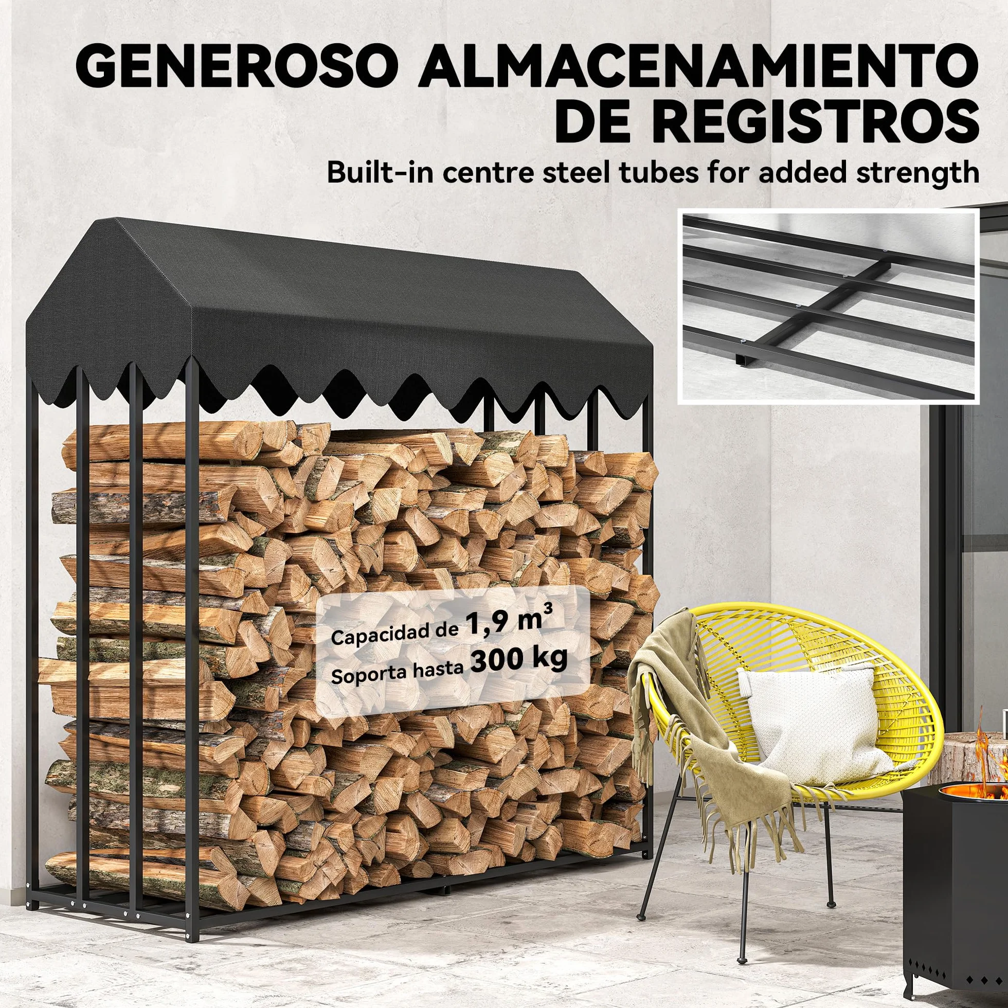 Outsunny Estante de Leña Metálico, 186x70x185 cm, Leñero Exterior con Cubierta Impermeable 600D Oxford, Marco de Acero, Soporte para Leña de Chimenea, para Jardín, Terraza