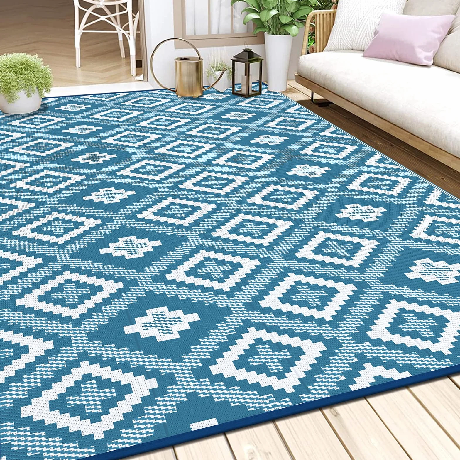 Enyhom Alfombra impermeable para exteriores, grande, reversible, de plástico, para jardín, resistente a los rayos UV, plegable, para camping, balcón, terraza, 240 x 300 cm, color verde azulado