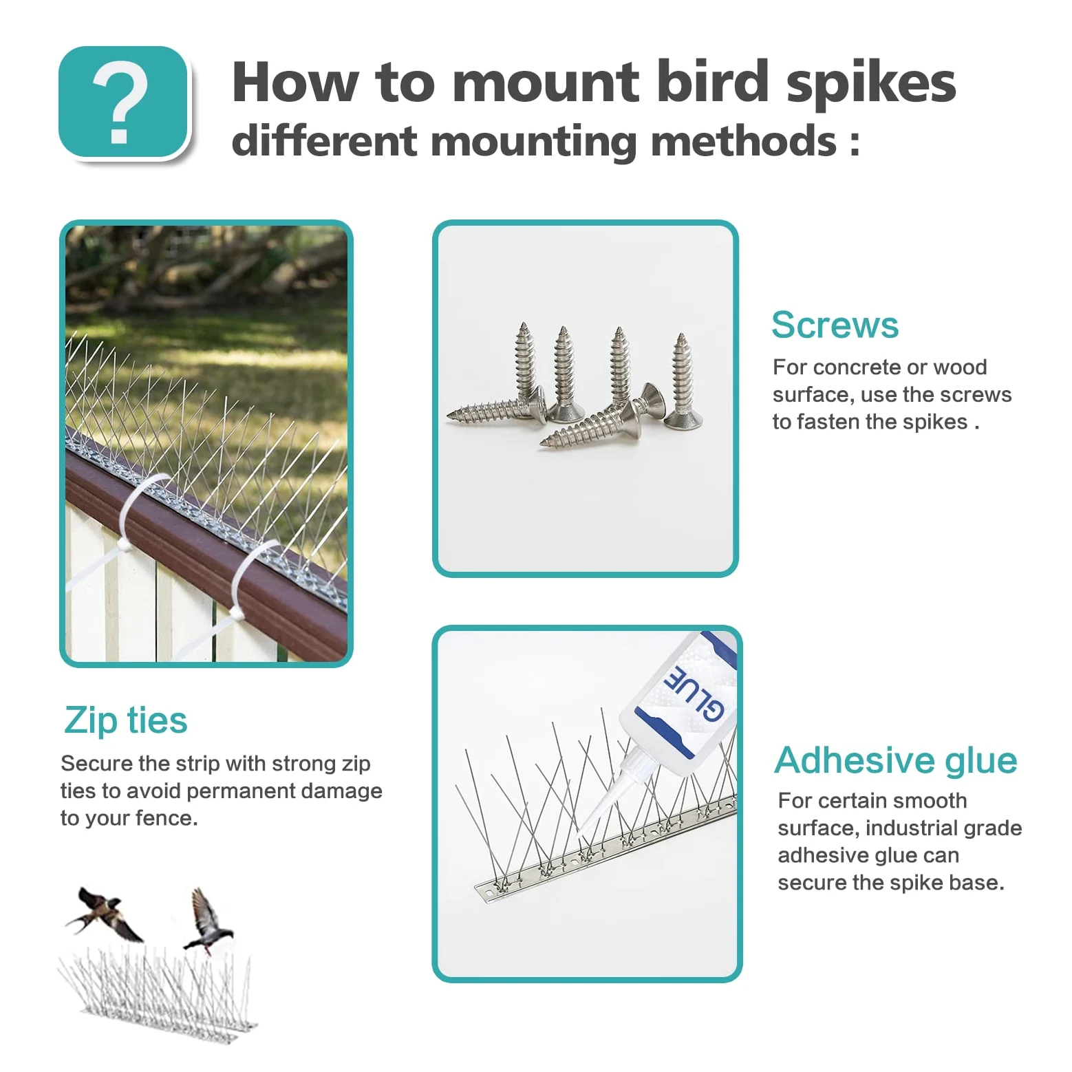 KKY Base de acero inoxidable con puntas de pájaro, kit de valla de uñas repelente de pájaros, se puede utilizar para detener palomas y otras aves pequeñas, cubriendo 43.2 pies (sin pines) 40 paquetes.