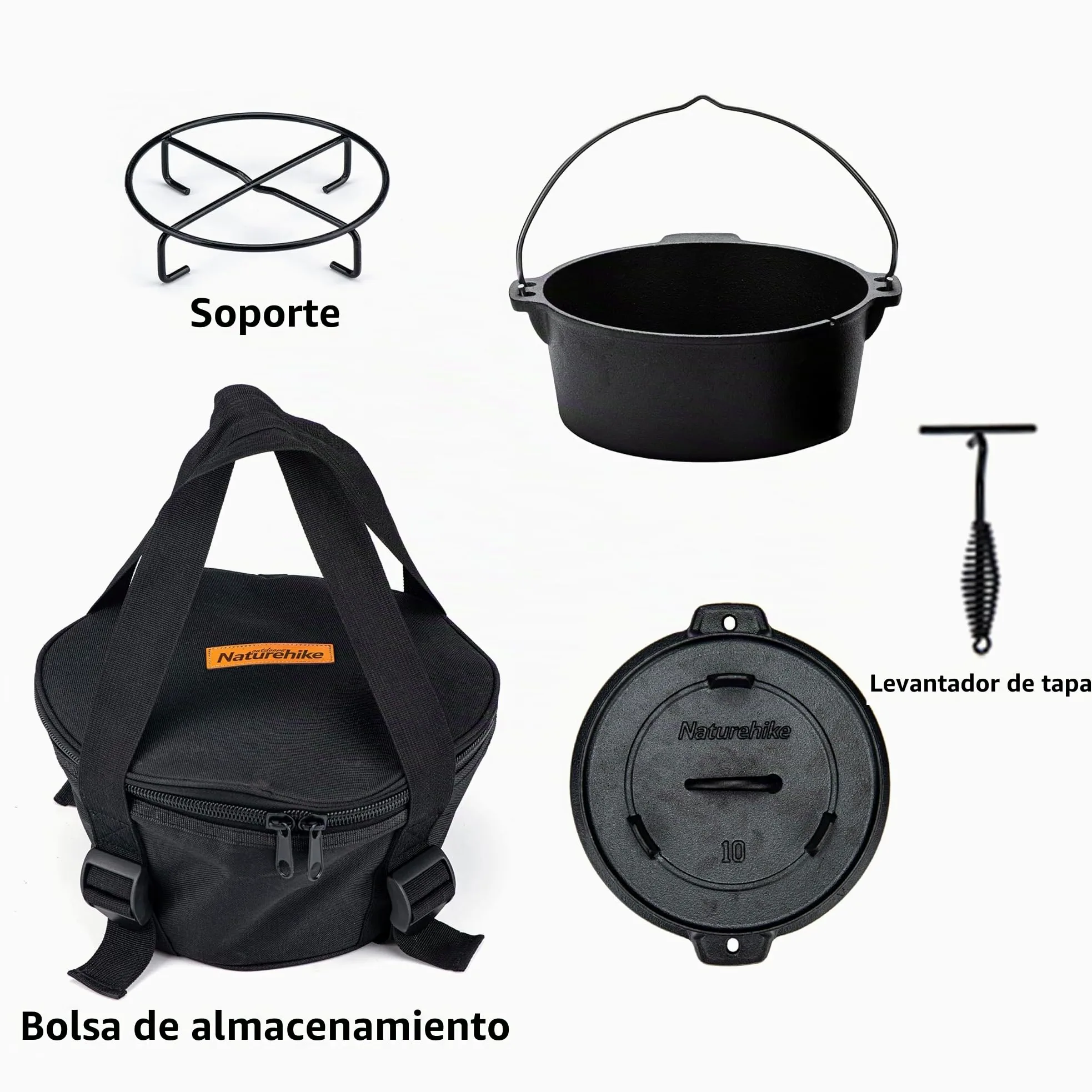 Naturehike Horno holandés de Campamento, Olla de Hierro Fundido de 4.25 Cuartos con Tapa de sartén 2 en 1, presazonado para Barbacoa al Aire Libre, Hornear, cocinar fogata con Mango de Metal