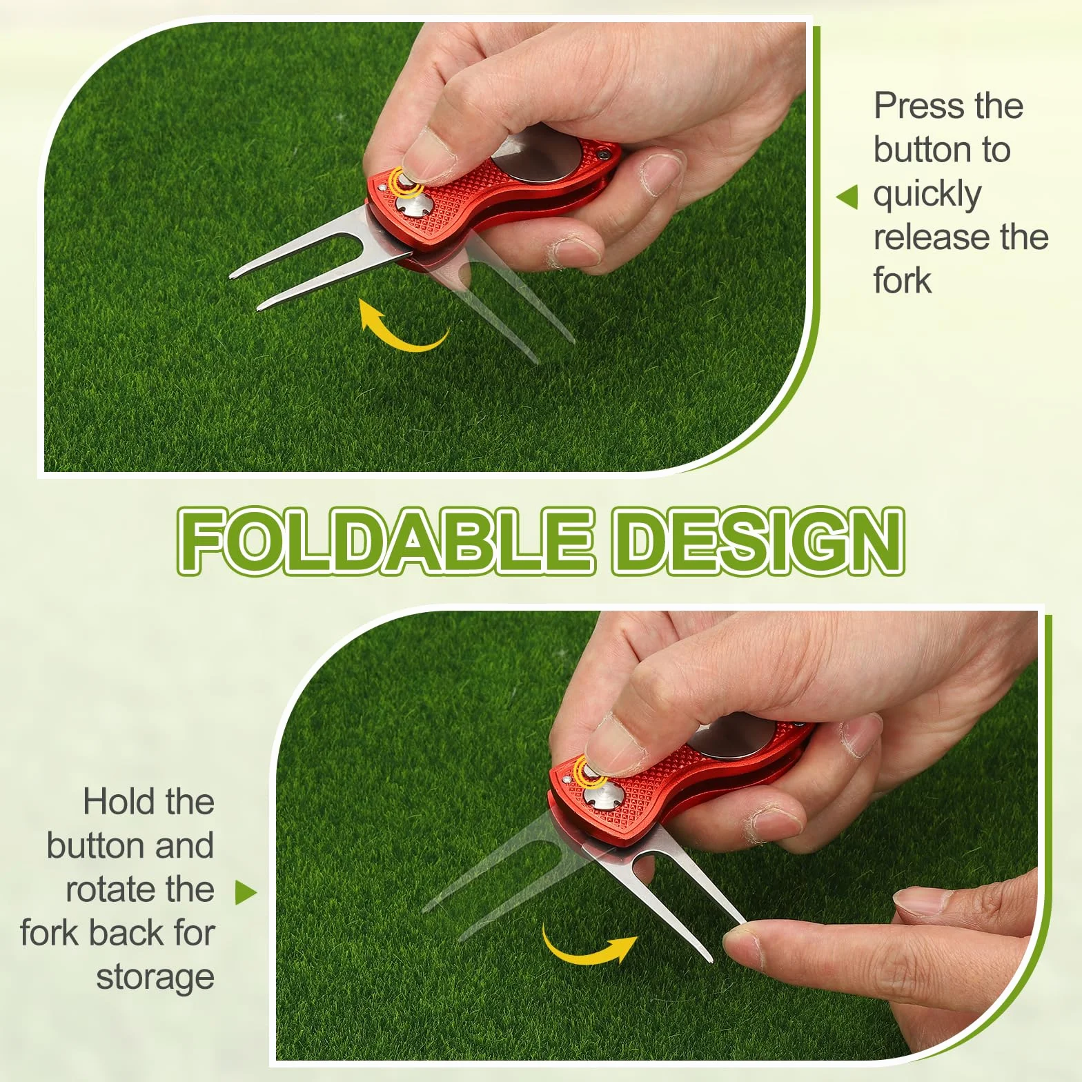 PATIKIL Herramienta de reparación de divot de golf plegable de metal verde con marcador magnético y horquilla de acero inoxidable