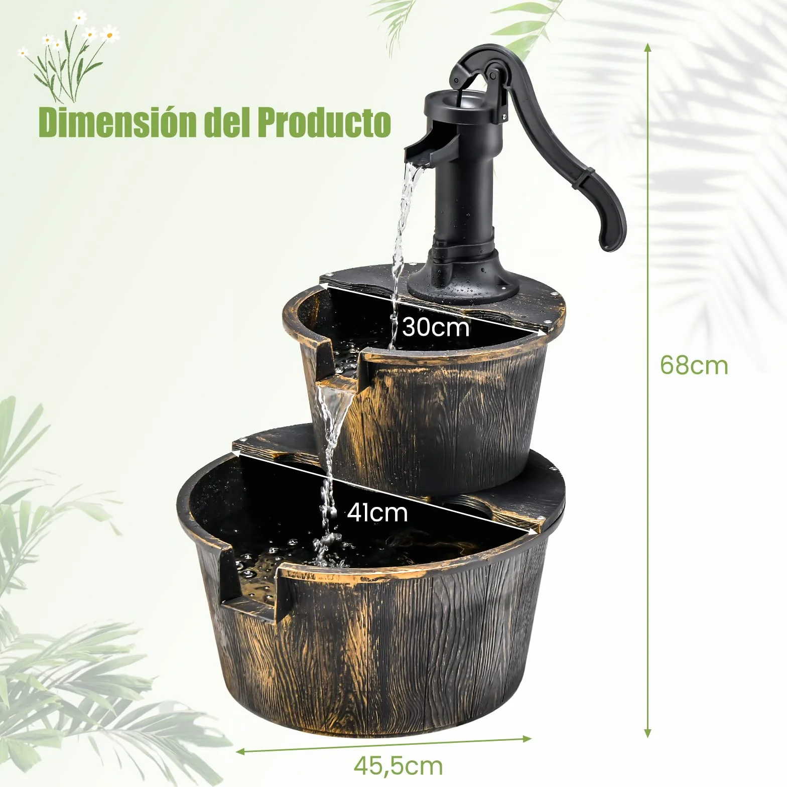 COSTWAY Fuente de Cascada de Barril al Aire Libre de 2 Niveles, Rústica con Bomba Ajustable, 68 cm para Jardín, Patio, Decoración