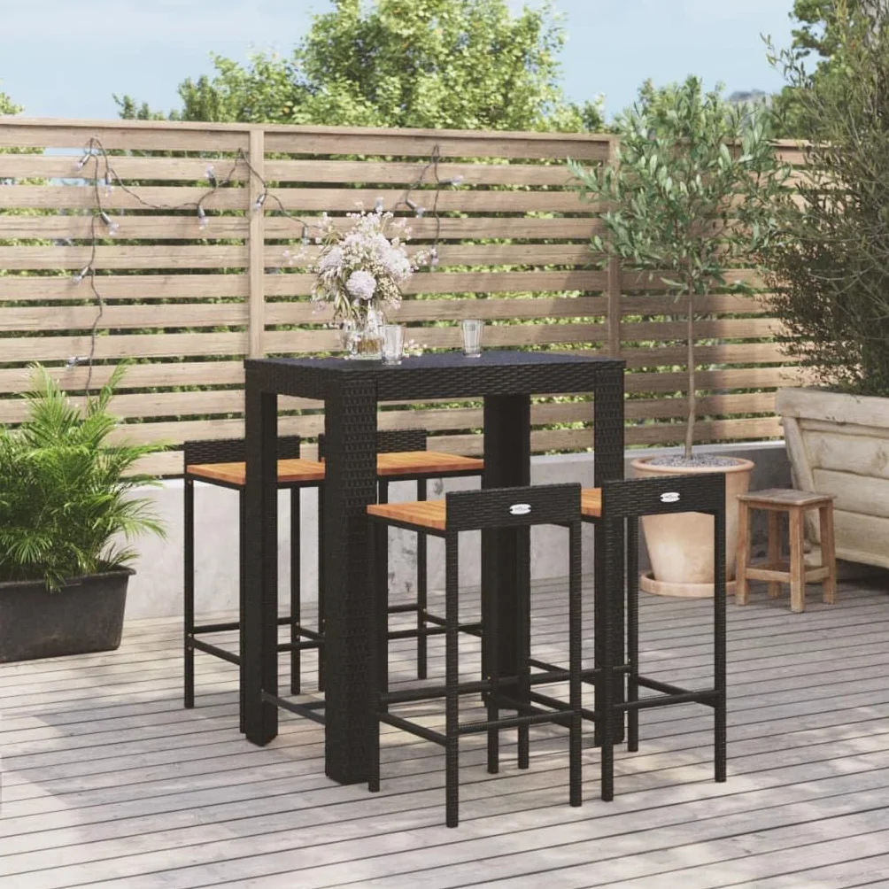 vidaXL Mesa Bar y taburetes jardín 5 pzas Madera Acacia ratán PE Negro