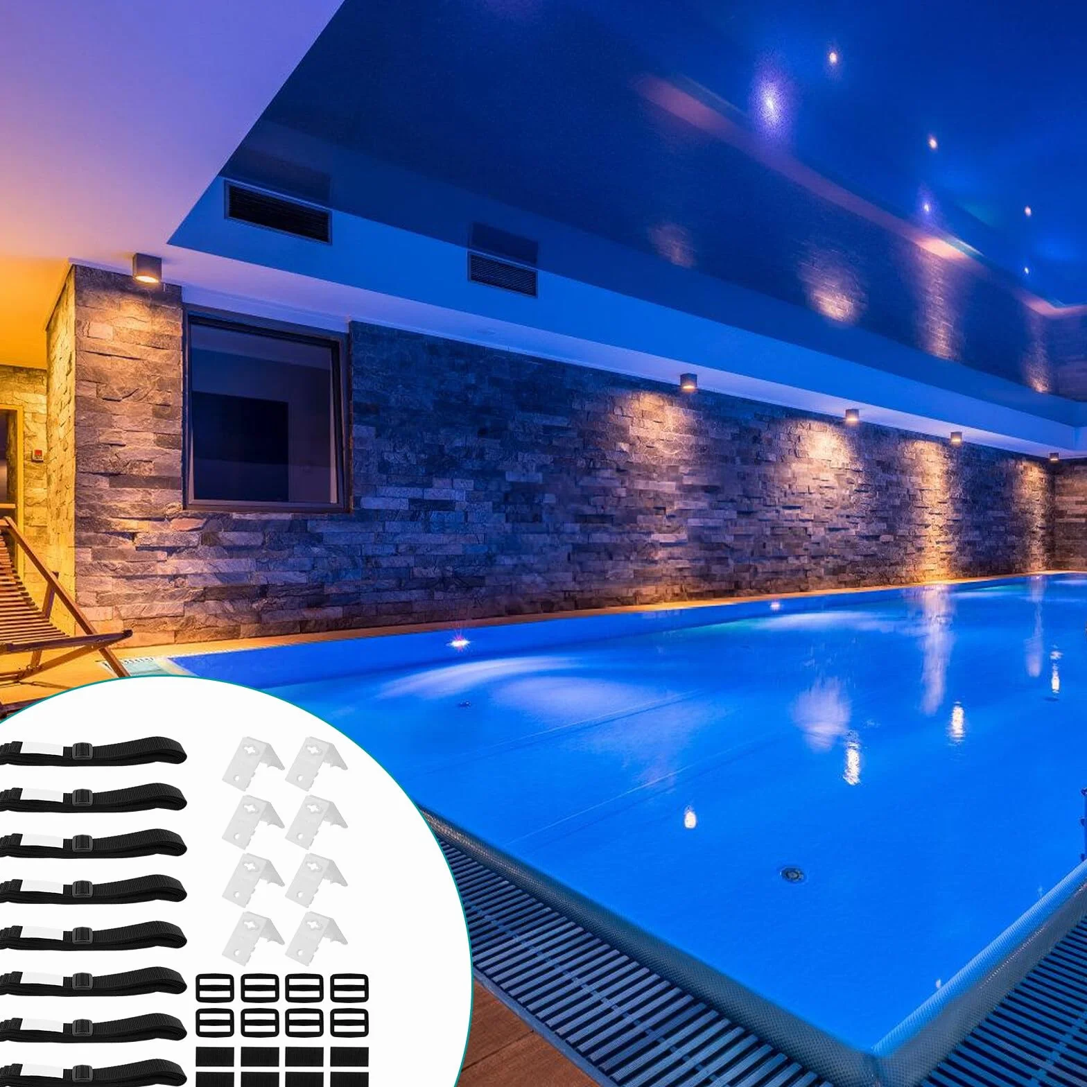 Aicharynic Bandas de sujeción para láminas de piscina, juego de 8 bandas de fijación y grapas, enrollador de piscina, enrollador móvil, lámina solar para sistema de enrollado móvil, para lonas de