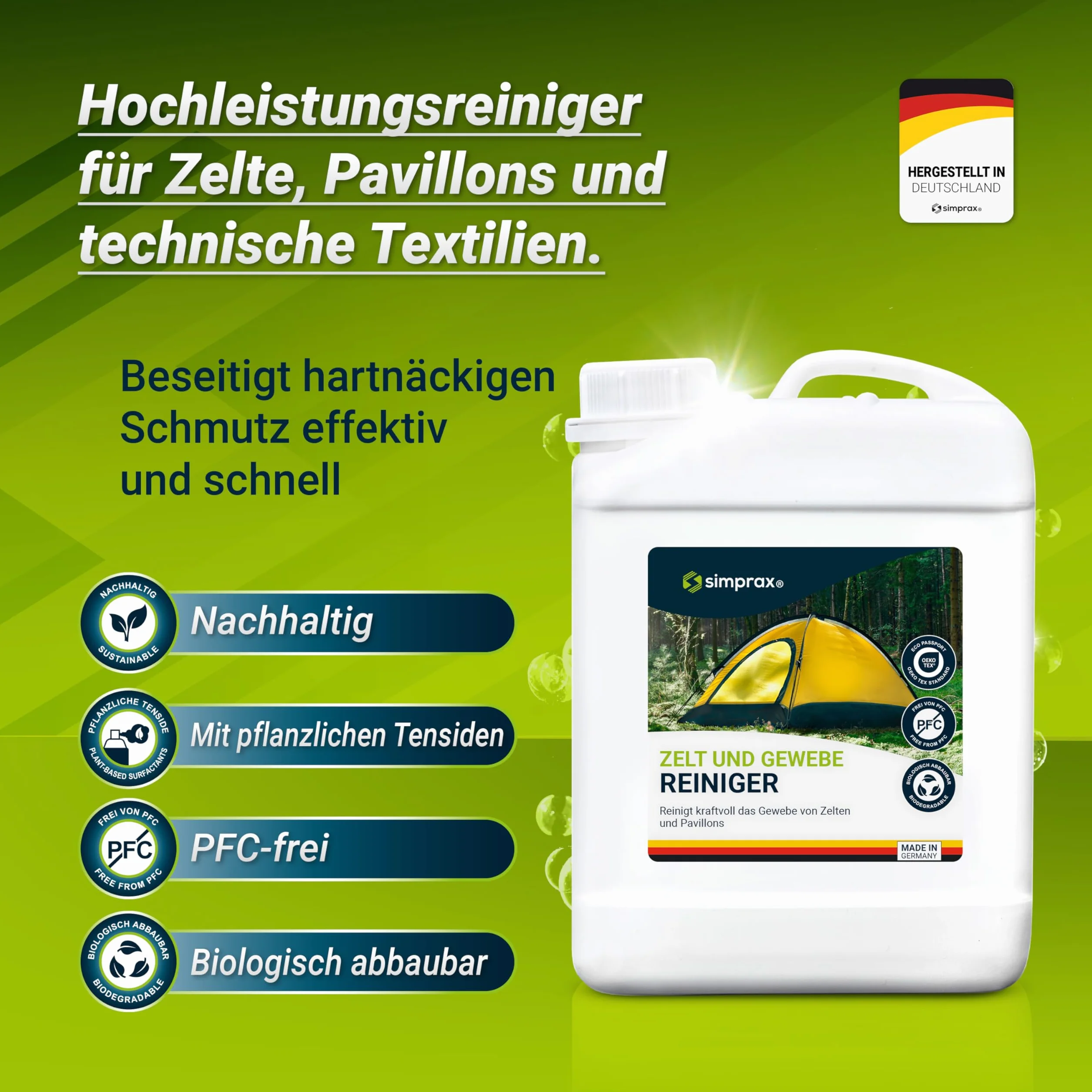 Gewebe Reiniger Para Toldos y Tejidos, Tiendas de Campaña, Muebles de Jardín & Lonas – PFC & Biodegradable – Detergente Elimina Moho Algas Verdes Excrementos & Manchas - 2,5 L