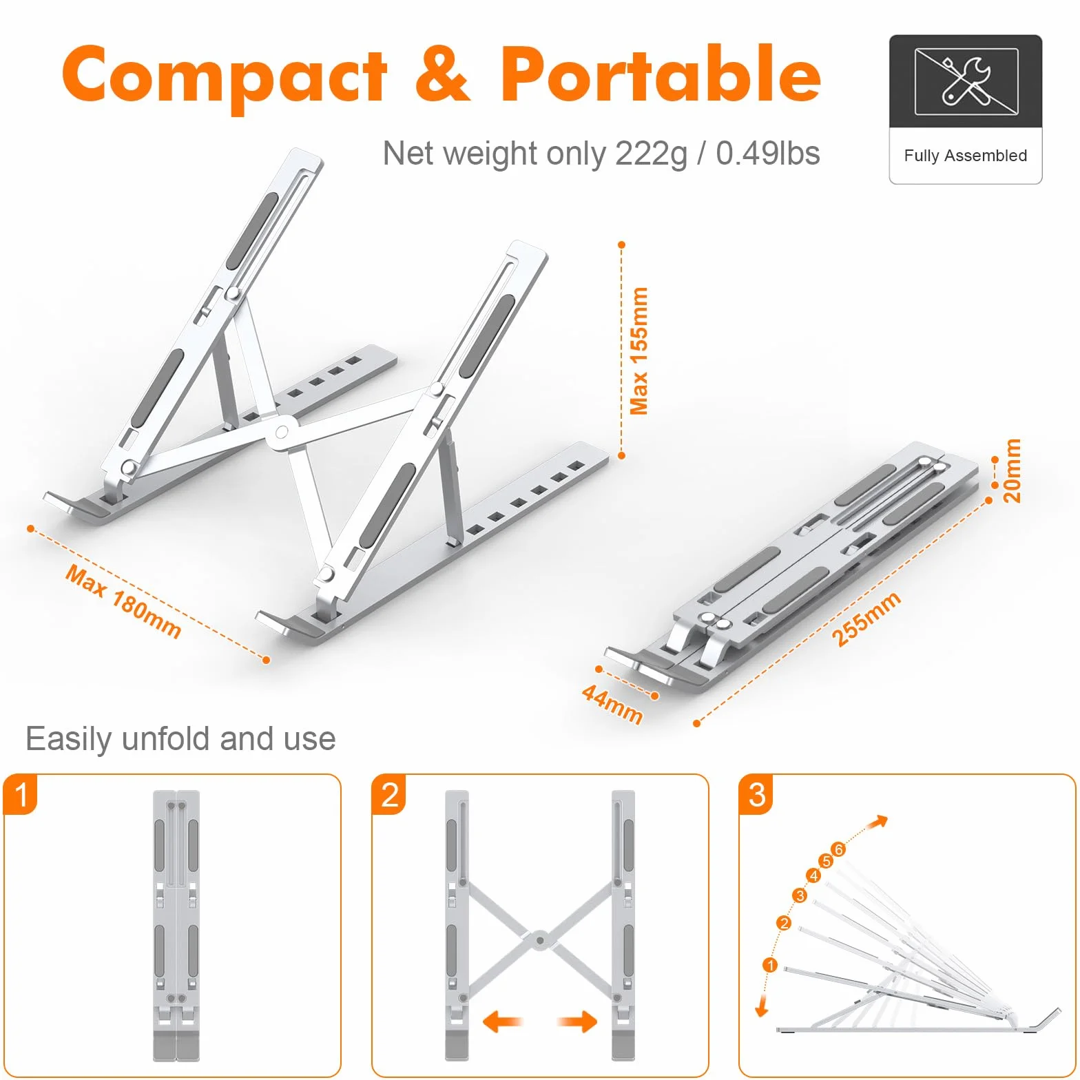 GRIFEMA Soporte para Ordenador Portátil, Laptop Stand Ajustable en 7 Ángulos, Aluminio Plegable con Bolsa, Ergonómico Ventilado para 10-15.6"