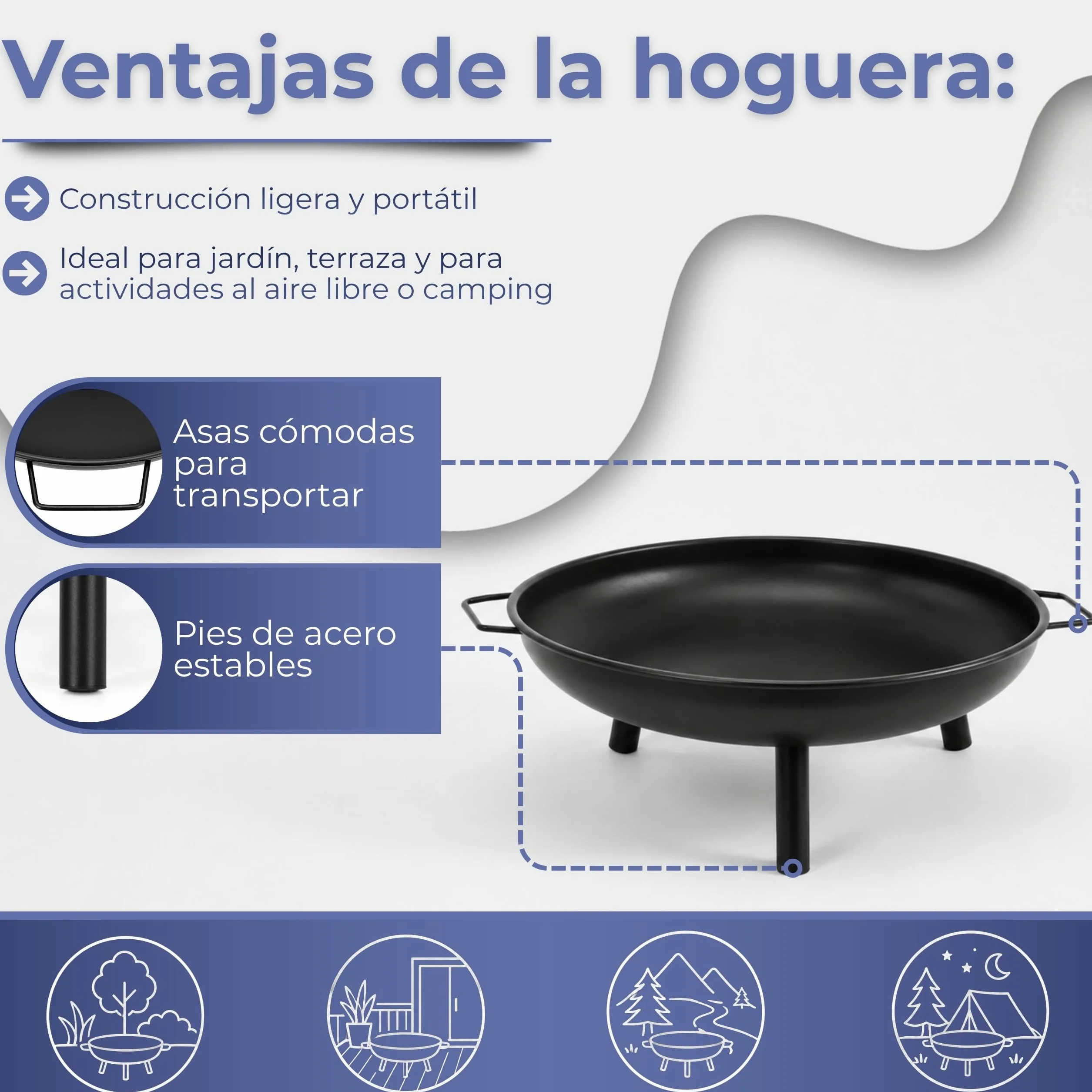 Brasero de jardín de 58 cm, brasero portátil, para exteriores, redondo, de acero, para terraza, camping, hoguera, patio, calefacción de jardín, color negro SPRINGOS