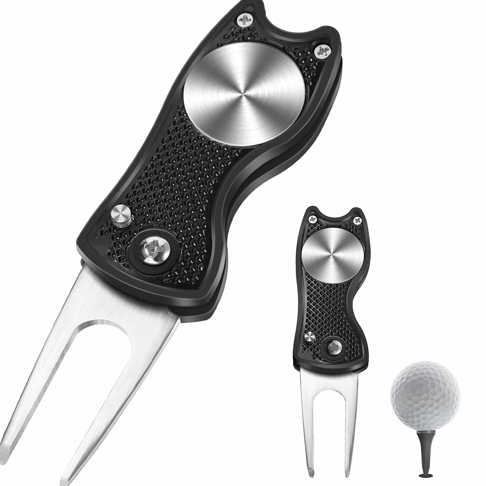 Golf Divot Tool Acero Inoxidable Plegable Horqueta Reparación con Marcador Pelota Negro