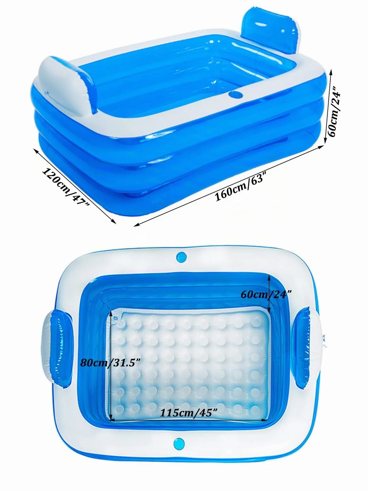 Piscina inflable, bañera plegable inflable para adultos, piscina infantil para balcón, jardín, piscina rectangular con gran respaldo trasero asiento y soporte para