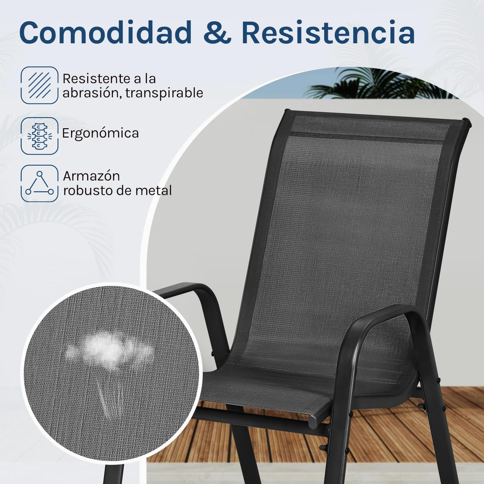 WOLTU Sillas de Jardín, Juego de 4 Sillones Apilables de Exterior, Respaldo Transpirable, Sillas para Terraza Patio Balcón, Estructura de Metal, Gris Oscuro