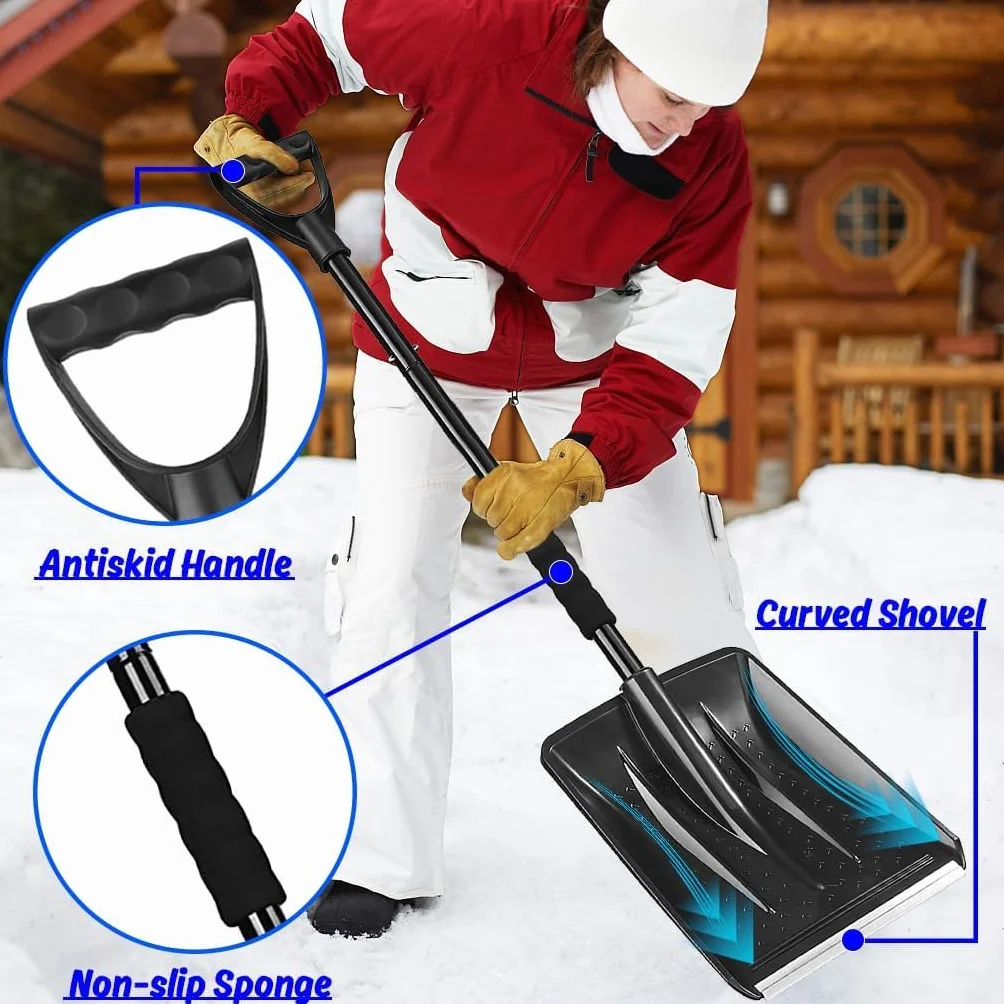 Pala Nieve, 108cm Largo, Borde Resbaladizo de Perfil de Aluminio, Diseño Desmontable de 4 Piezas, Carretilla Elevadora de Nieve Portátil Ajustable para Conducir, Acampar, Jugar con Muñecos de Nieve