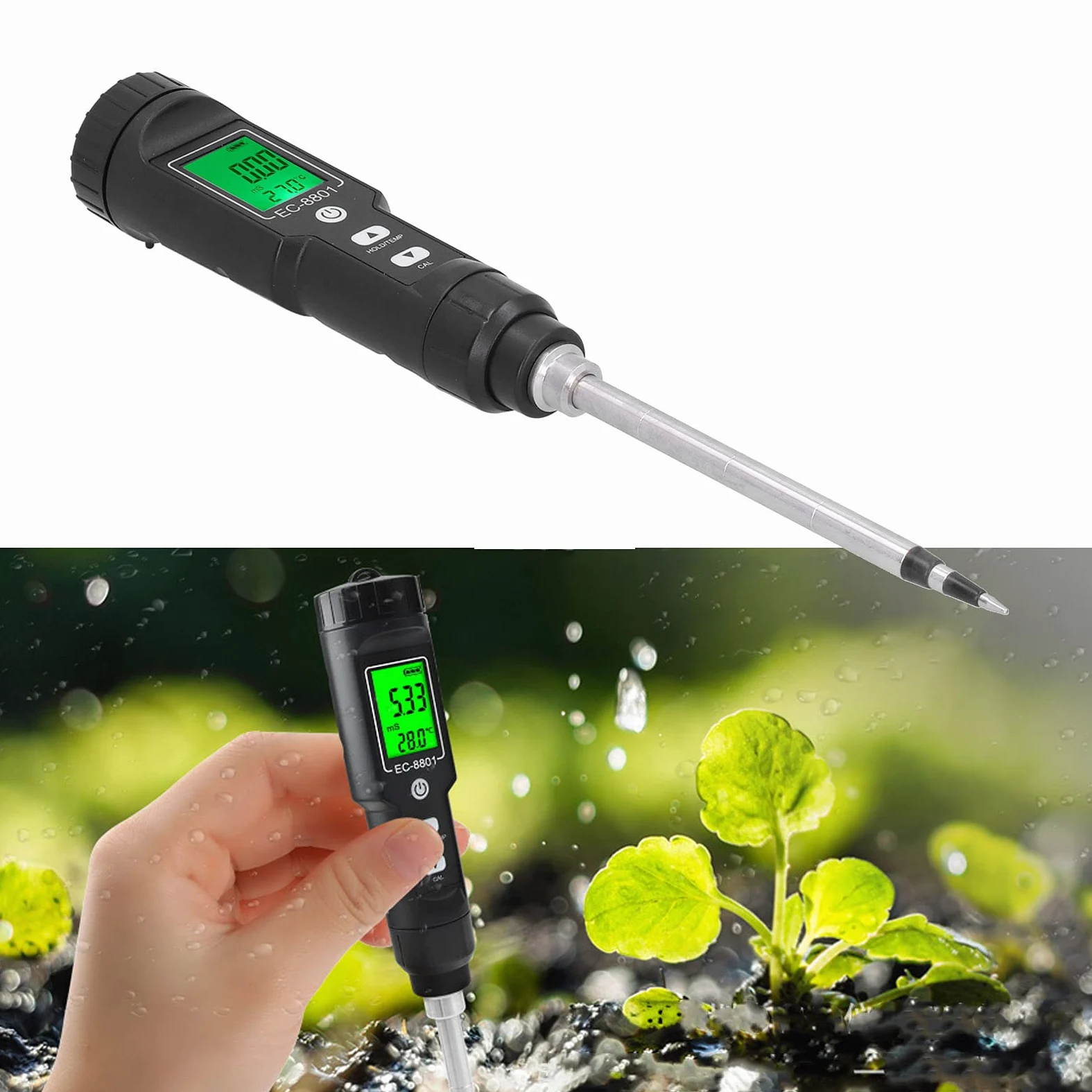 HEEPDD Detector de Suelo 0 a 176F para Plantación de Invernadero y Uso en Laboratorio Termómetro de Suelo Medidor EC Impermeable ABS Nan Jardinería