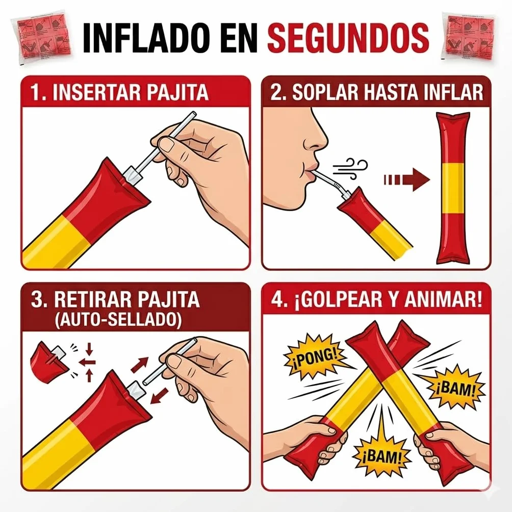 Pack de 10 Pares Aplaudidores Inflables España Mundial Palos de Animación Hinchables Ruidosos para Fútbol Fiestas Bastones Reutilizables LDPE