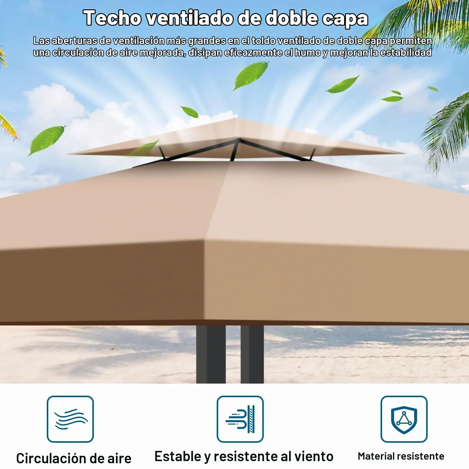 Toldo Recambio Pergola 3x3 m, Techo de Repuesto con Ventilación para Cenador de Jardín, Cubierta Amovible Lona Impermeable con Protección UV para Barbacoa, Bodas, Fiestas y Camping(Caqui)