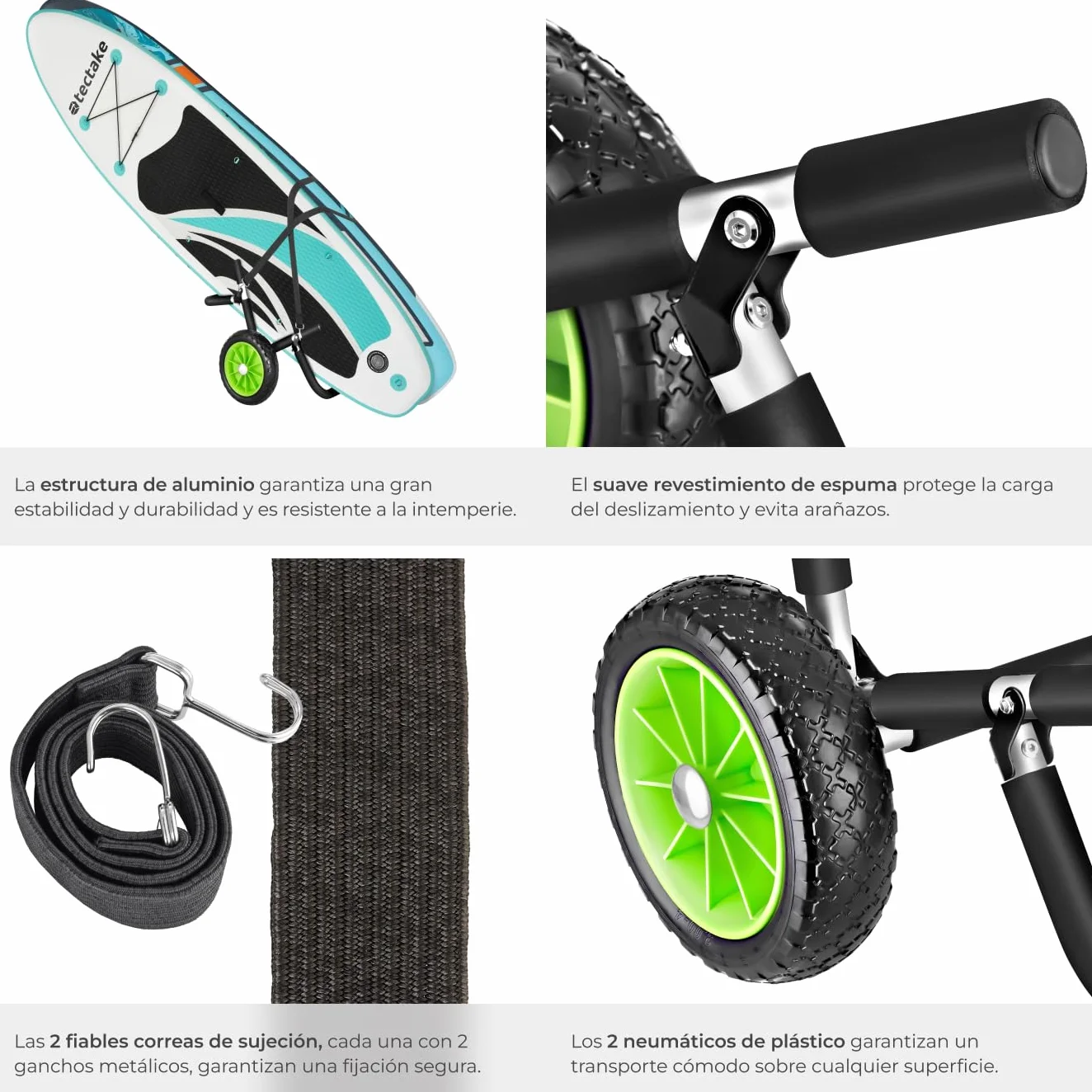 Tectake Carro de Transporte para Tabla de Surf o Padel Surf, Aluminio, 2 Tablas, Ruedas de 24 cm, Negro/Verde