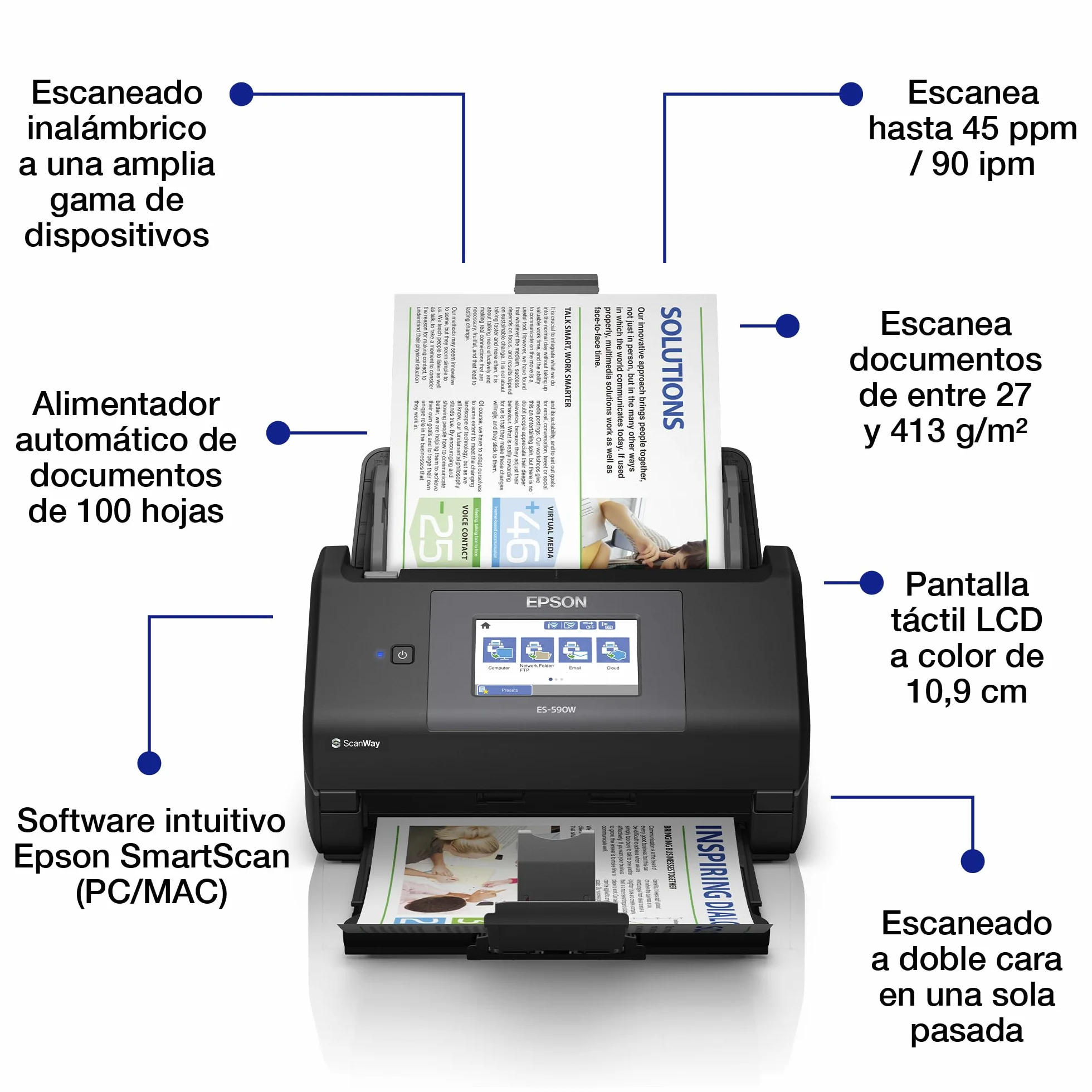 Epson Workforce ES-590W Escáner Wi-Fi 45 ppm 90 ipm Alimentador Automático 100 Hojas Pantalla Táctil 10,9 cm Color A4