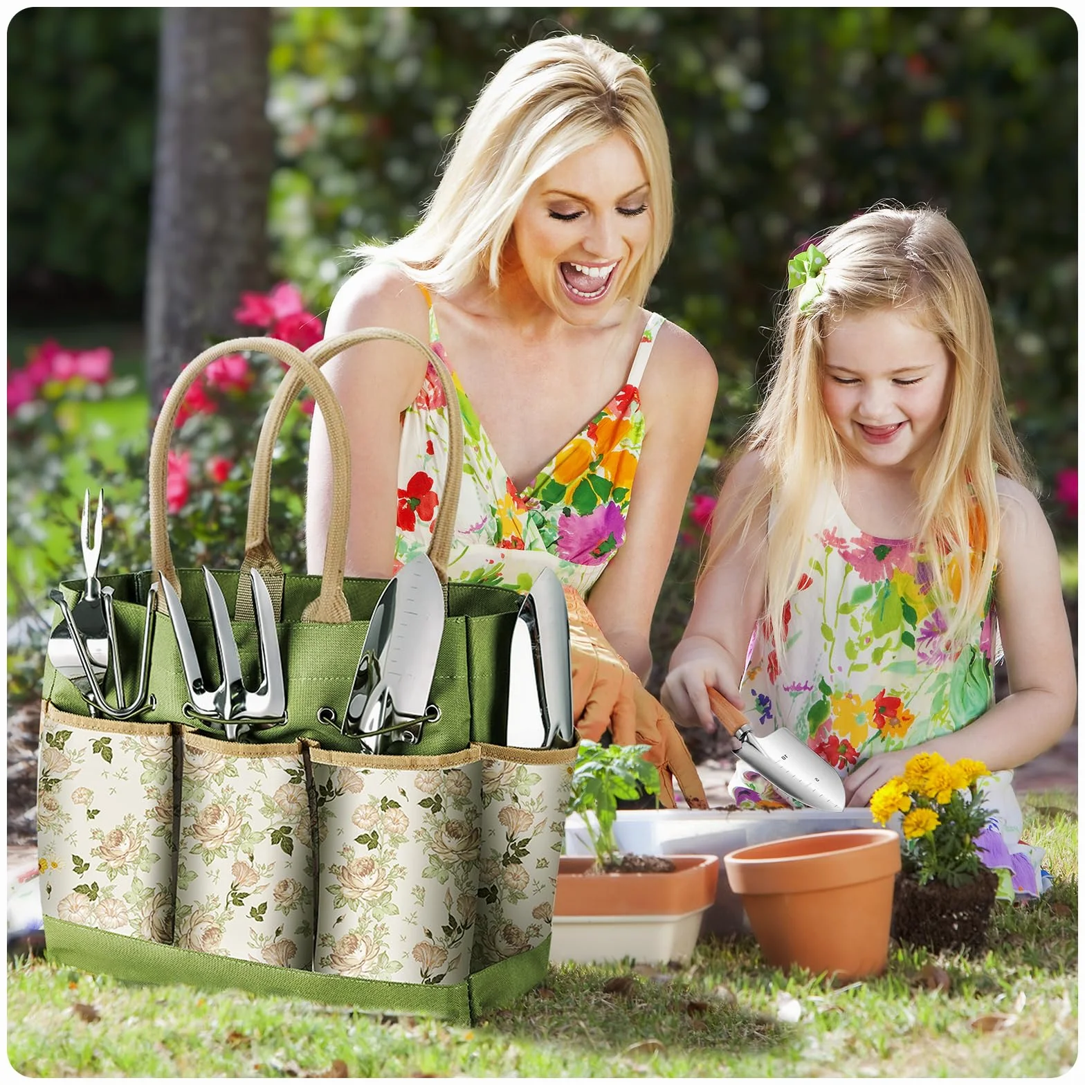 Grenebo Juego de Herramientas para Jardín 9PC, Set jardineria Adulto de Acero Inoxidable, Kit de Jardinería Bolsa de Jardín, Tijeras Podar,Pala Jardinería,Guantes,Paleta y Rastrillo de Mano etc