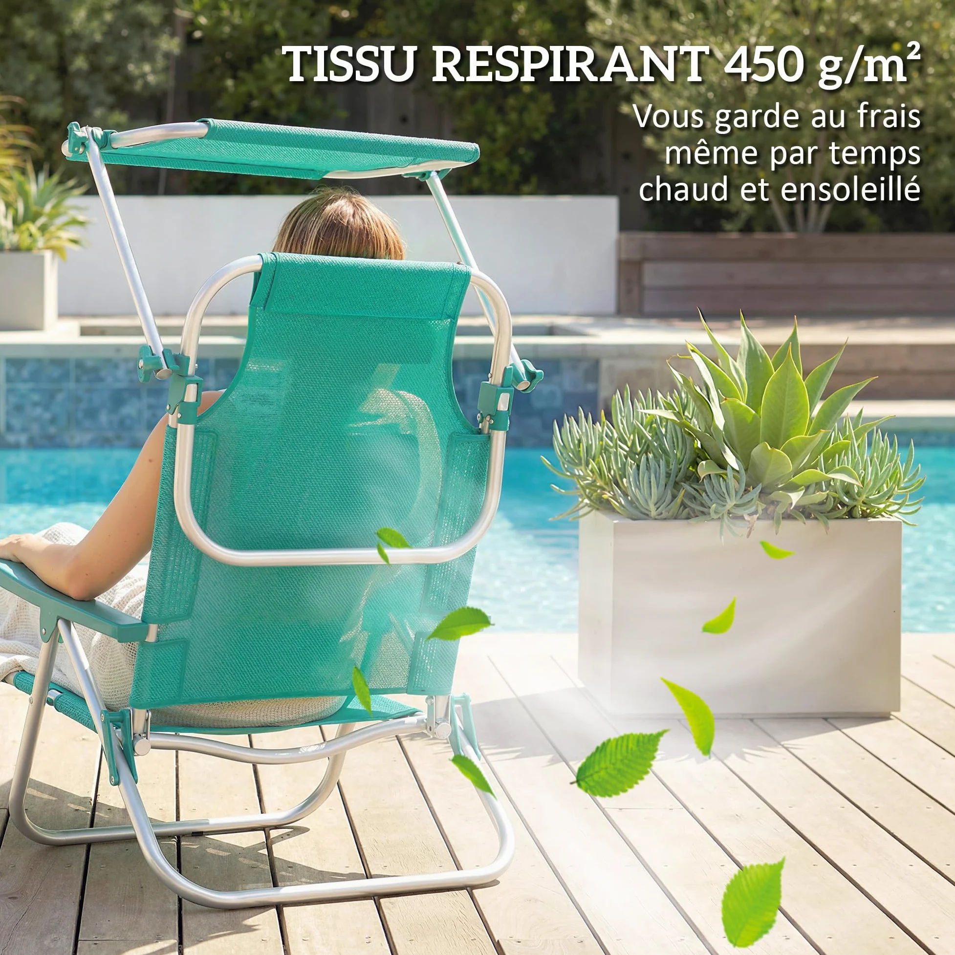 Outsunny - Silla de Playa Plegable con Toldo Ajustable, Respaldo Reclinable de 6 Posiciones, Reposacabezas, Aluminio y Malla Transpirable, para Exterior, Jardín, Pícnic, Festival, Viajes, Turquesa