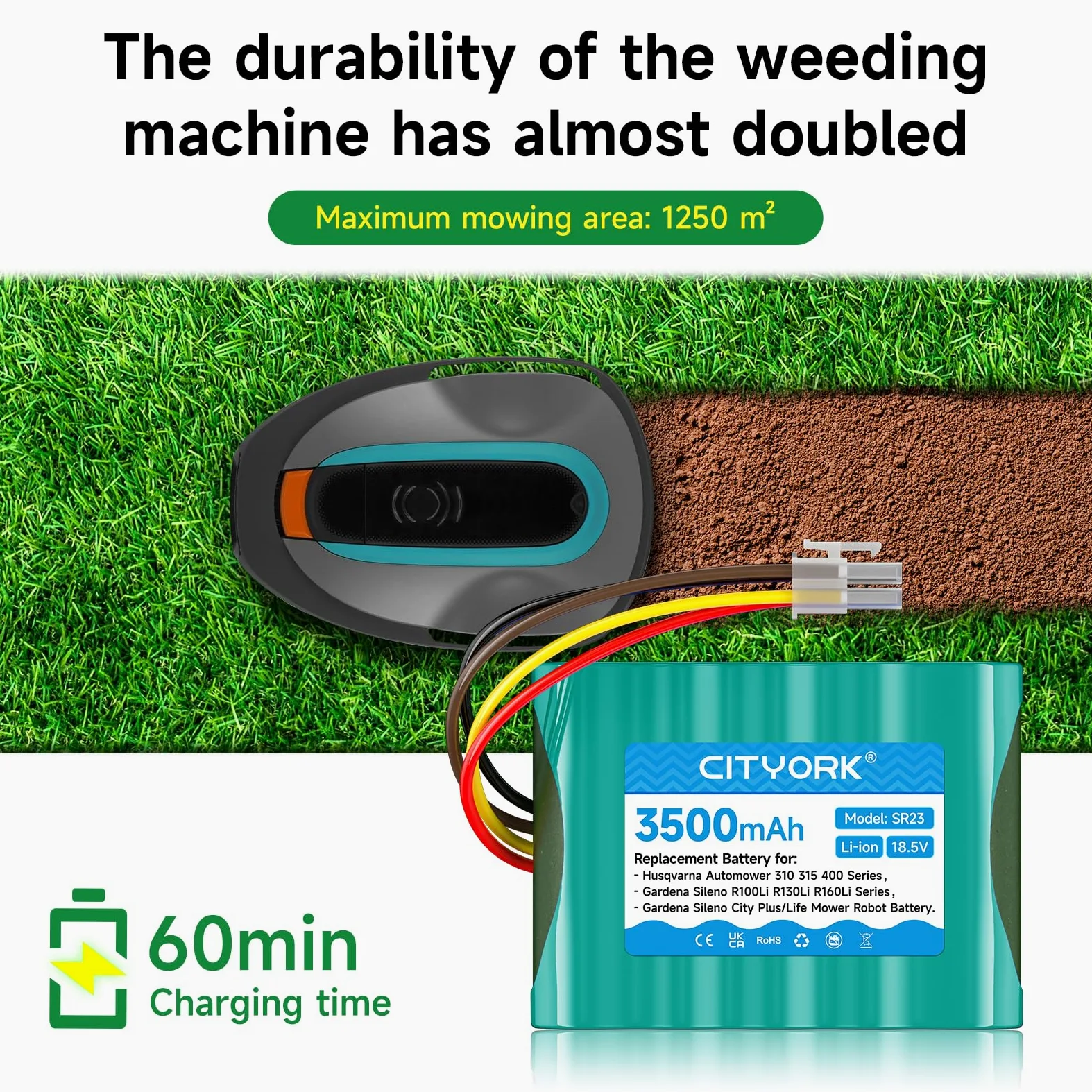 CITYORK 3500mAh Batería de Repuesto para Robot cortacésped Husqvarna Automower 310 315, Gardena Sileno R100Li R130Li R160Li, Gardena Sileno+ City/Life (18,5 V, Iones de Litio)