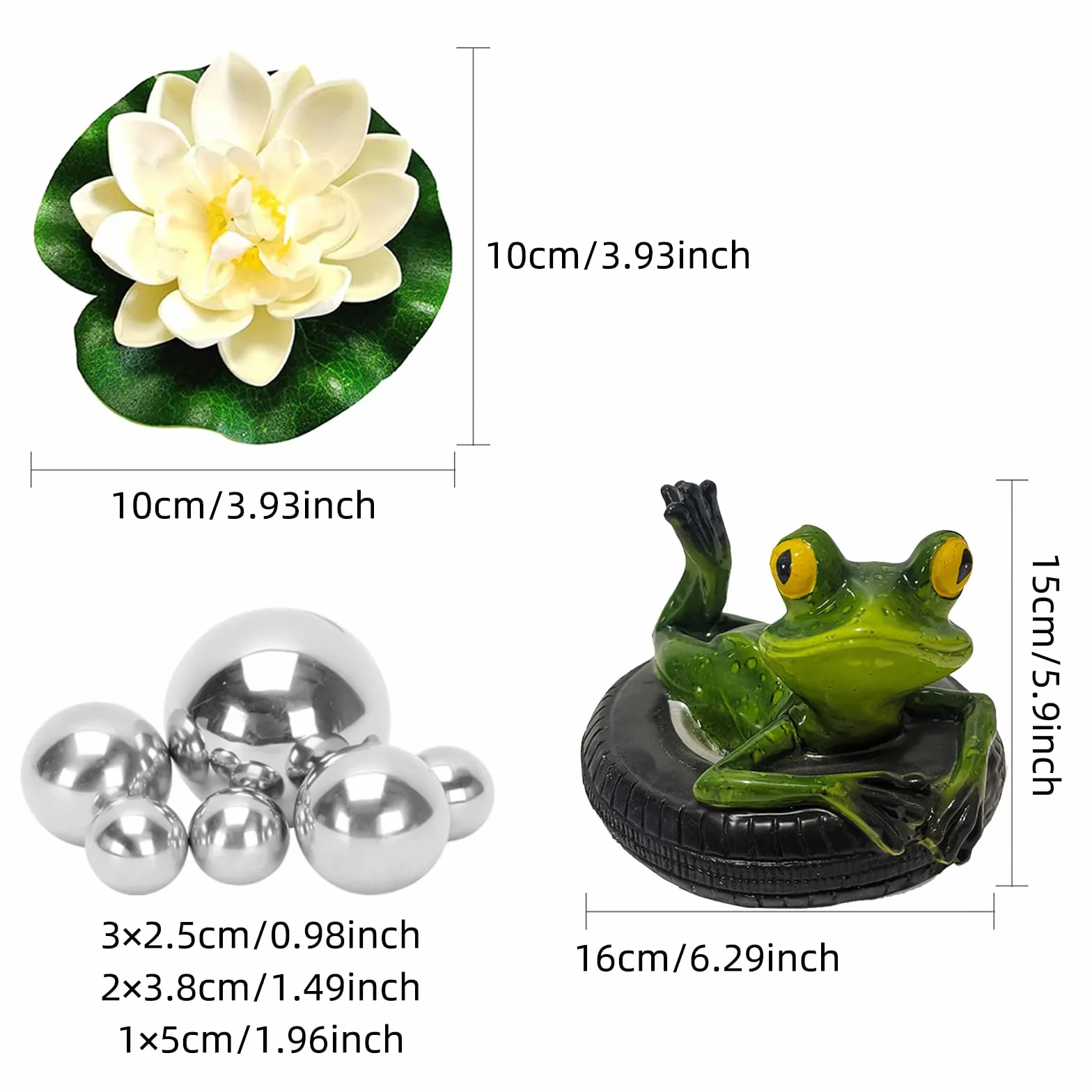 Set de decoración para Estanque de jardín, Dos Ranas con Bolas de Plata y 2 Unidades de Flor de Loto como decoración de jardín para Estanque pequeño (Rana de Espalda)