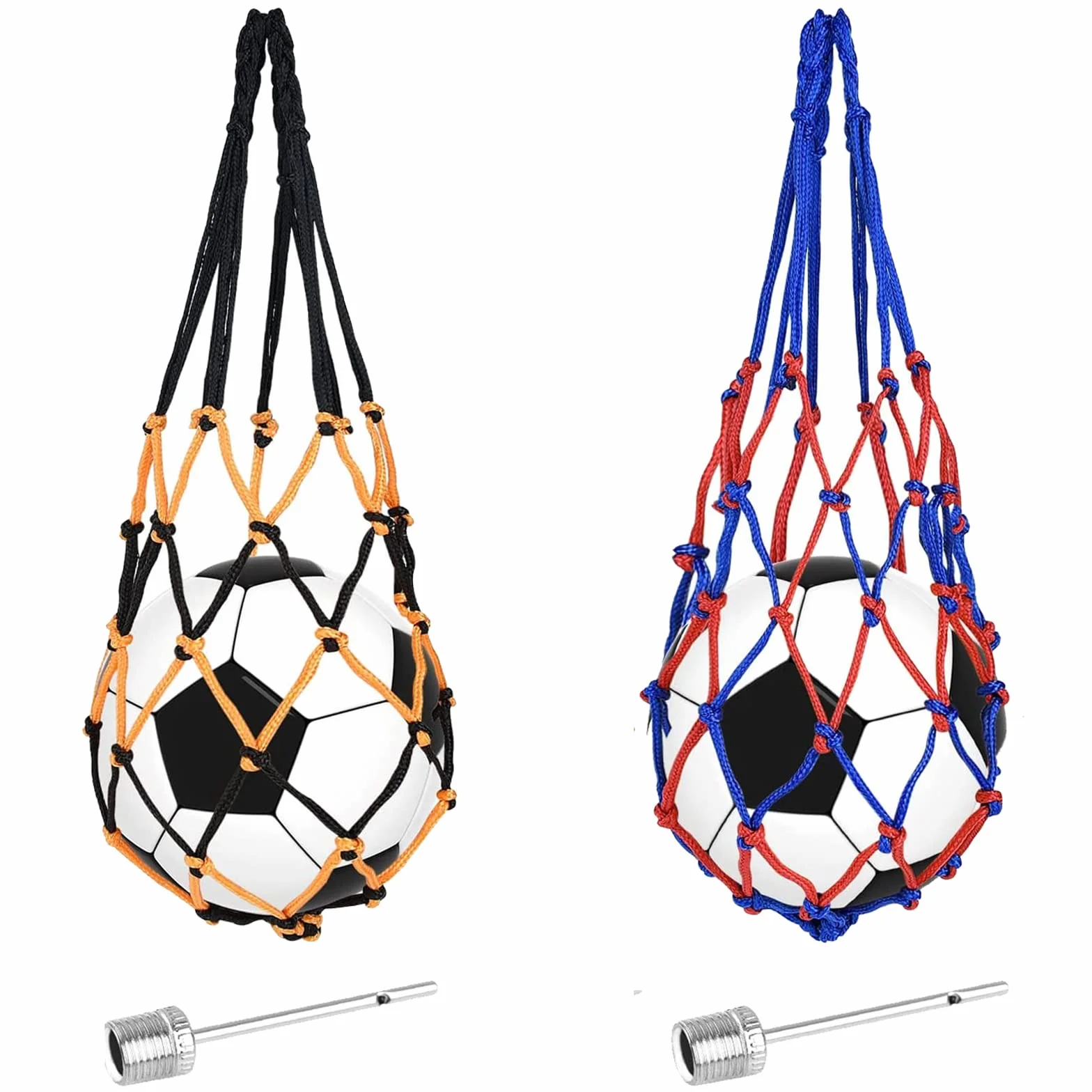 Red portátil para pelotas, juego de 2 bolsas de red de baloncesto, fútbol, tenis, con agujas (azul, blanco+negro, rojo)