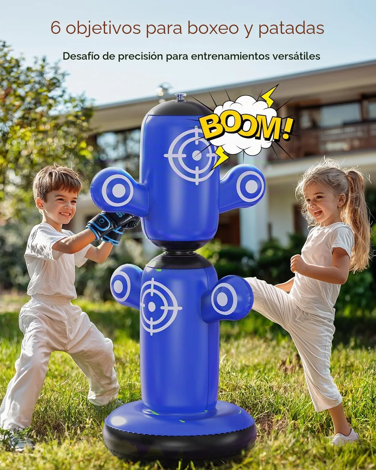 Saco de boxeo giratorio de 360° para niños, bolsa de 64 pulgadas con guantes, bomba y 6 objetivos, inflable