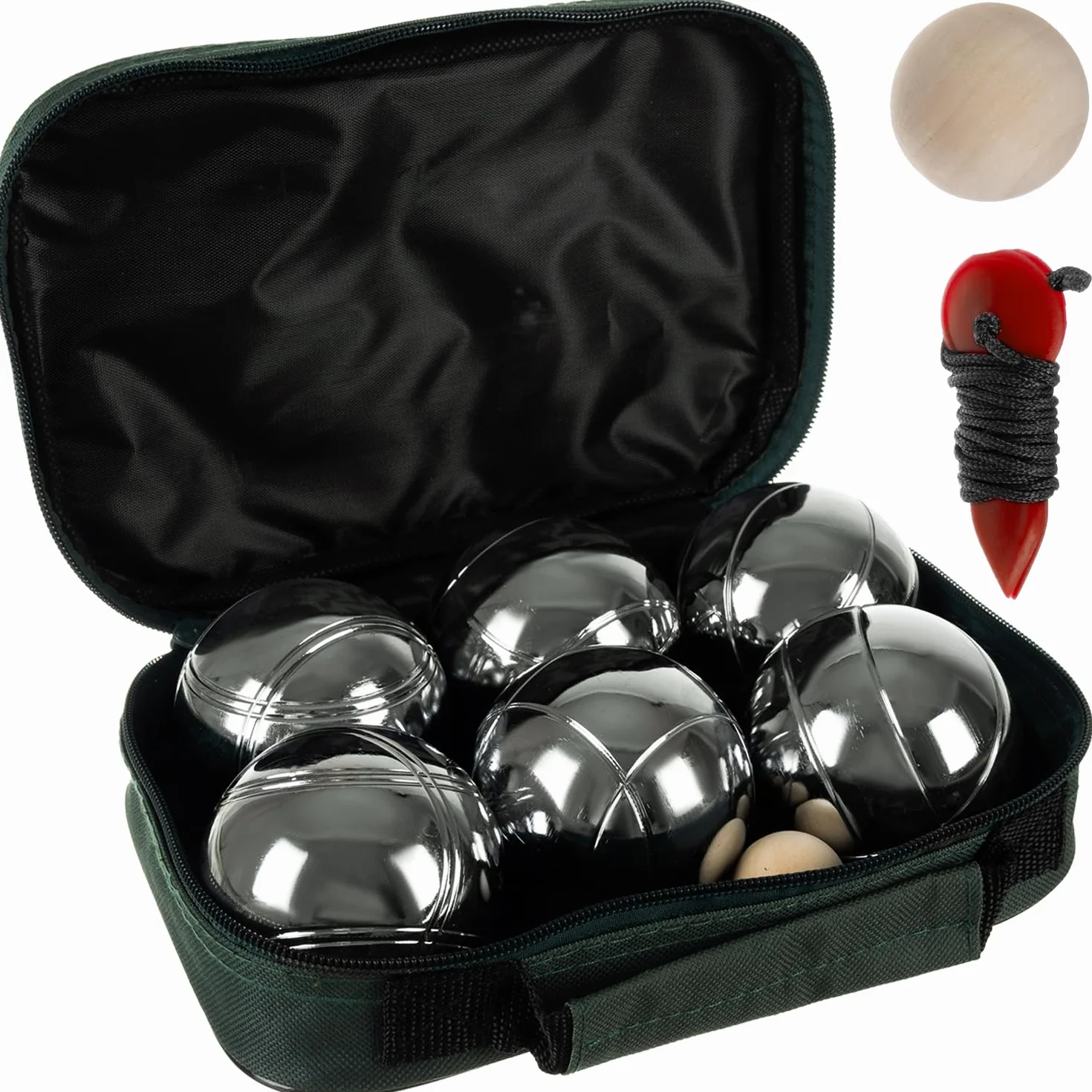 KRUZZEL Set De Petanca Con 6 Bolas Grabadas Y Accesorios - Juego Bola Madera, Cinta Métrica Bolsa Transporte
