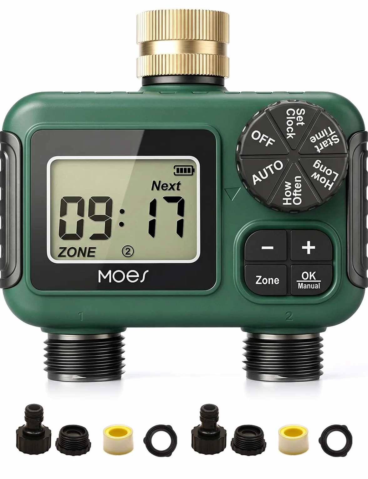 MOES Temporizador de riego con Entrada de latón, regulador de riego automático programable con Bloqueo de Lluvia y riego Manual, Temporizador de Manguera de 2 Zonas para jardín y césped