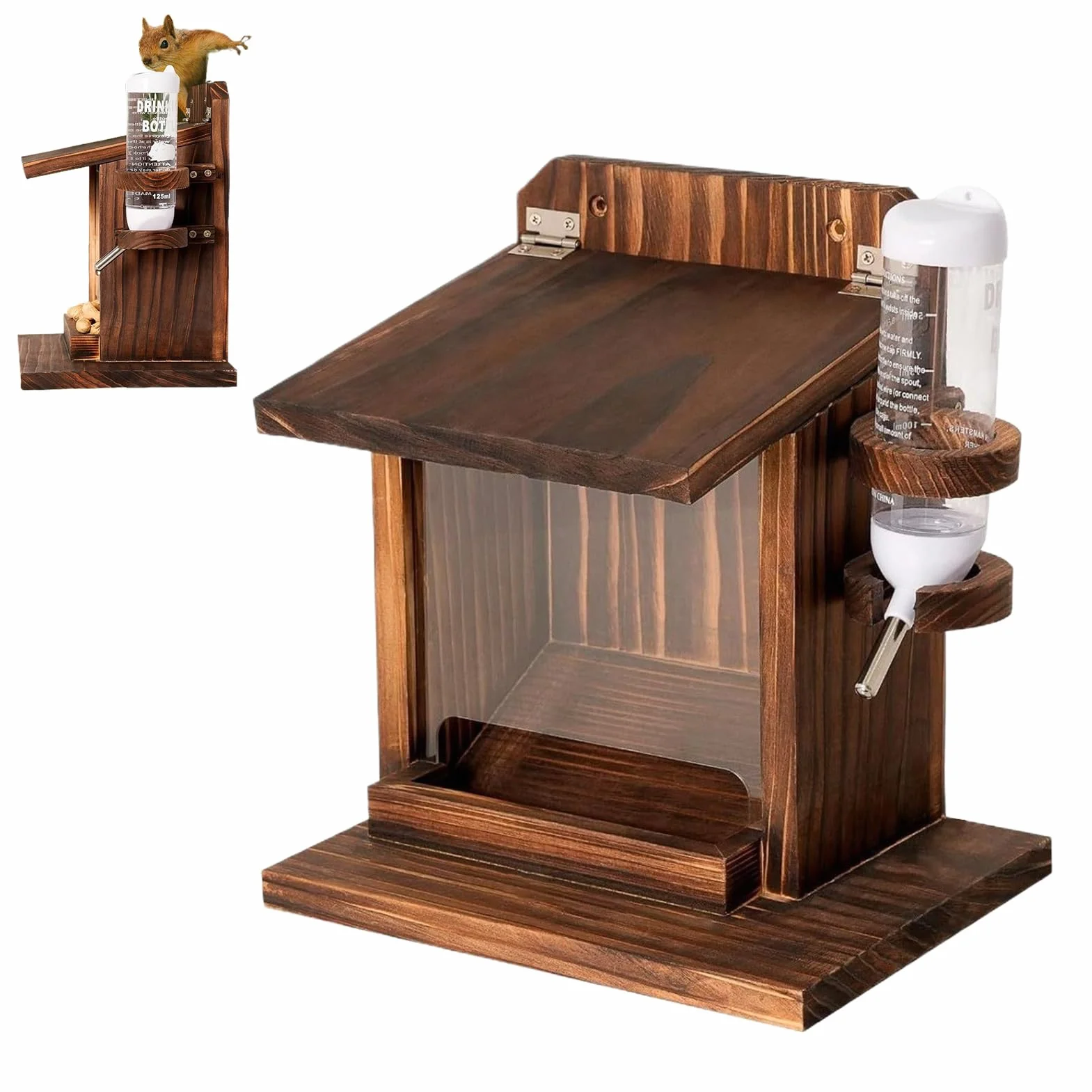 Casas de ardilla para exteriores, estación de alimentación de ardillas con botella de agua, de madera montada en la pared para alimentos, frutos secos, de maíz, patio, árbol, jardín