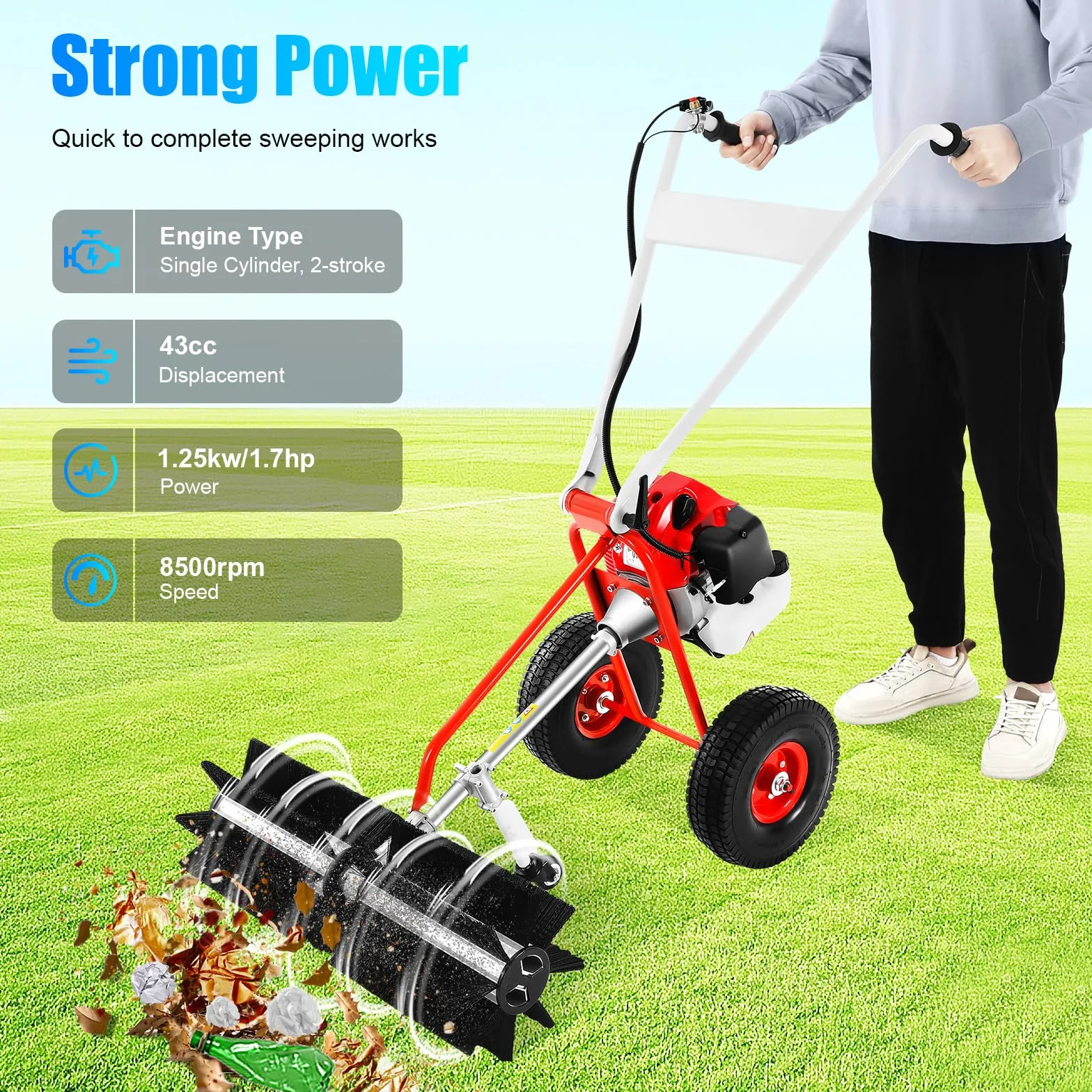 Barredora de gasolina, arranque eléctrico, pala de nieve, 43 cc, 1,7 CV, herramienta de limpieza para césped artificial
