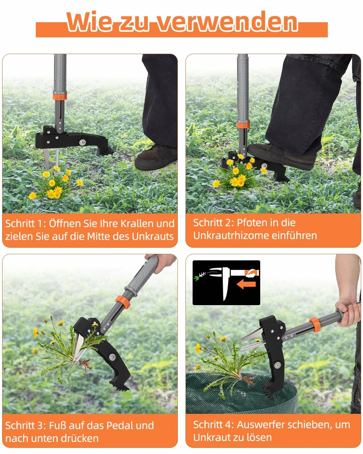 HAUSPROFI Extractor Malas Hierbas (Longitud de 91 cm a 117 cm), Bolsa de Jardinería de 50 litros, 4 Dientes de Rastrillo, Diseño de Retorno Automático, para el Mantenimiento del Césped