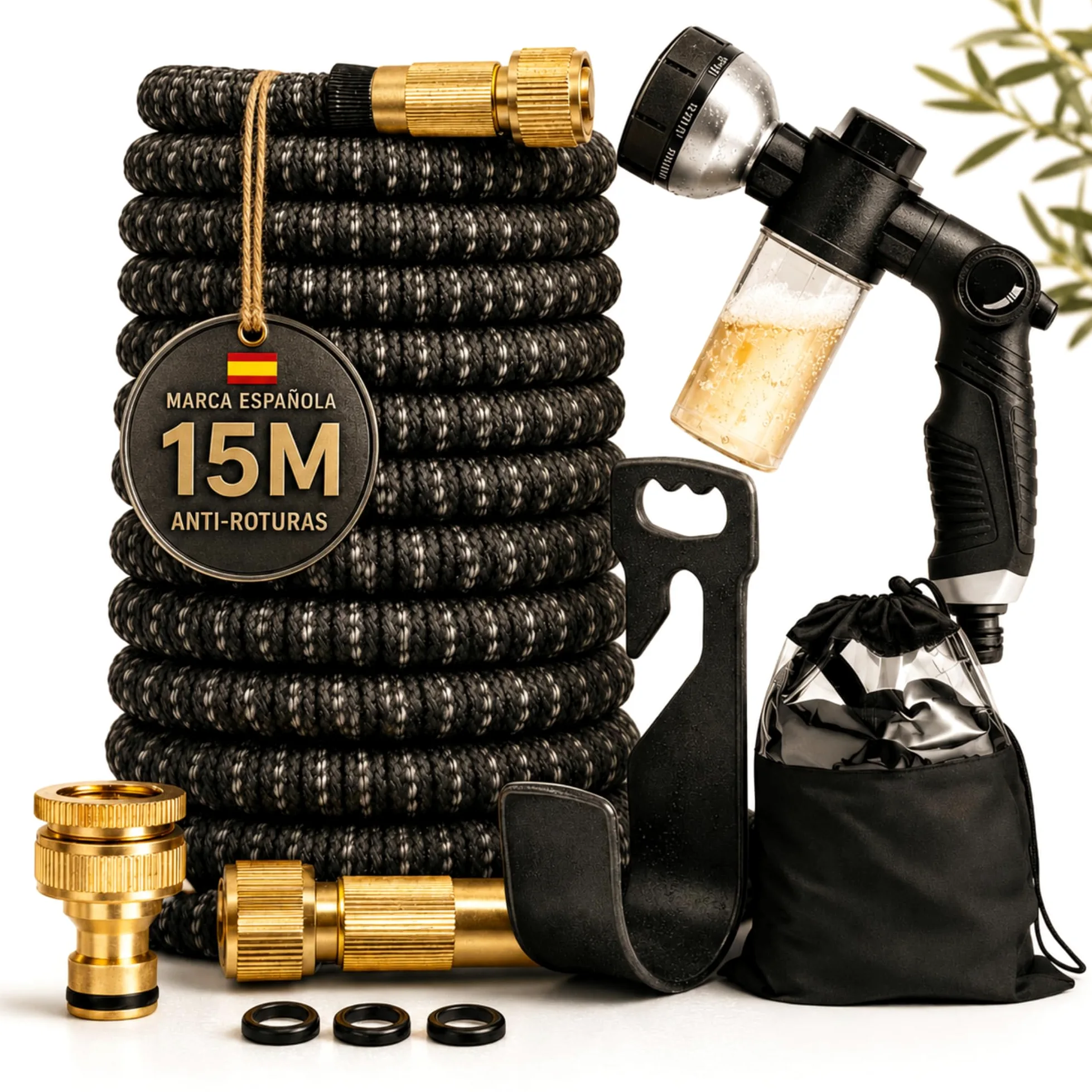 Manguera extensible de 15 metros, manguera jardin extensible de poliéster resistente 3300D, con conectores de latón y pistola con depósito de jabón, incluye set con colgador y bolsa de almacenaje