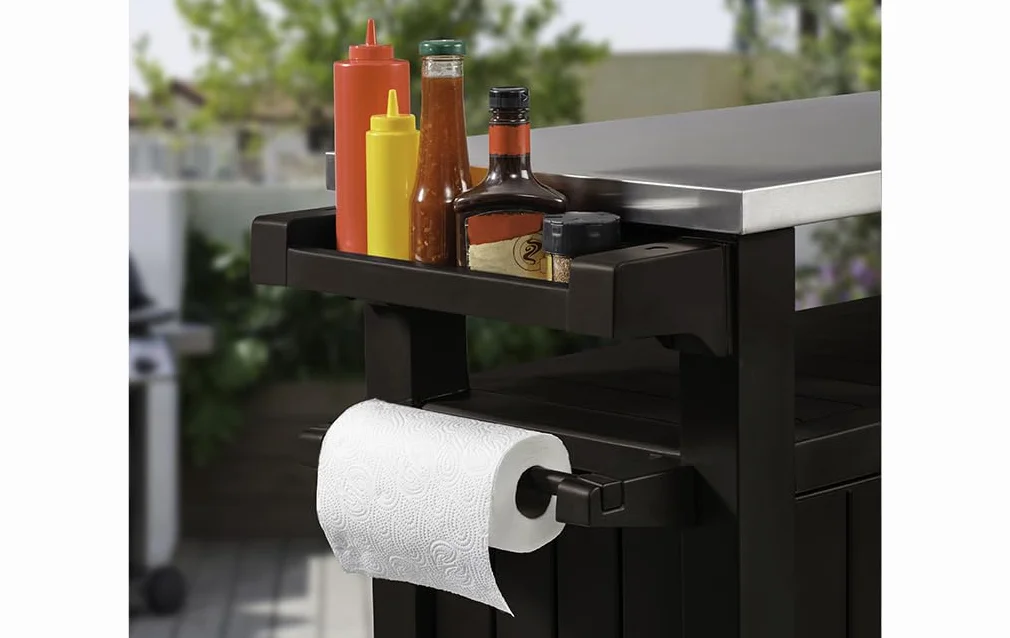 Keter Mueble Barbacoa Grande para terraza o jardín Exterior con Ruedas, Capacidad 207 litros, Color Marrón